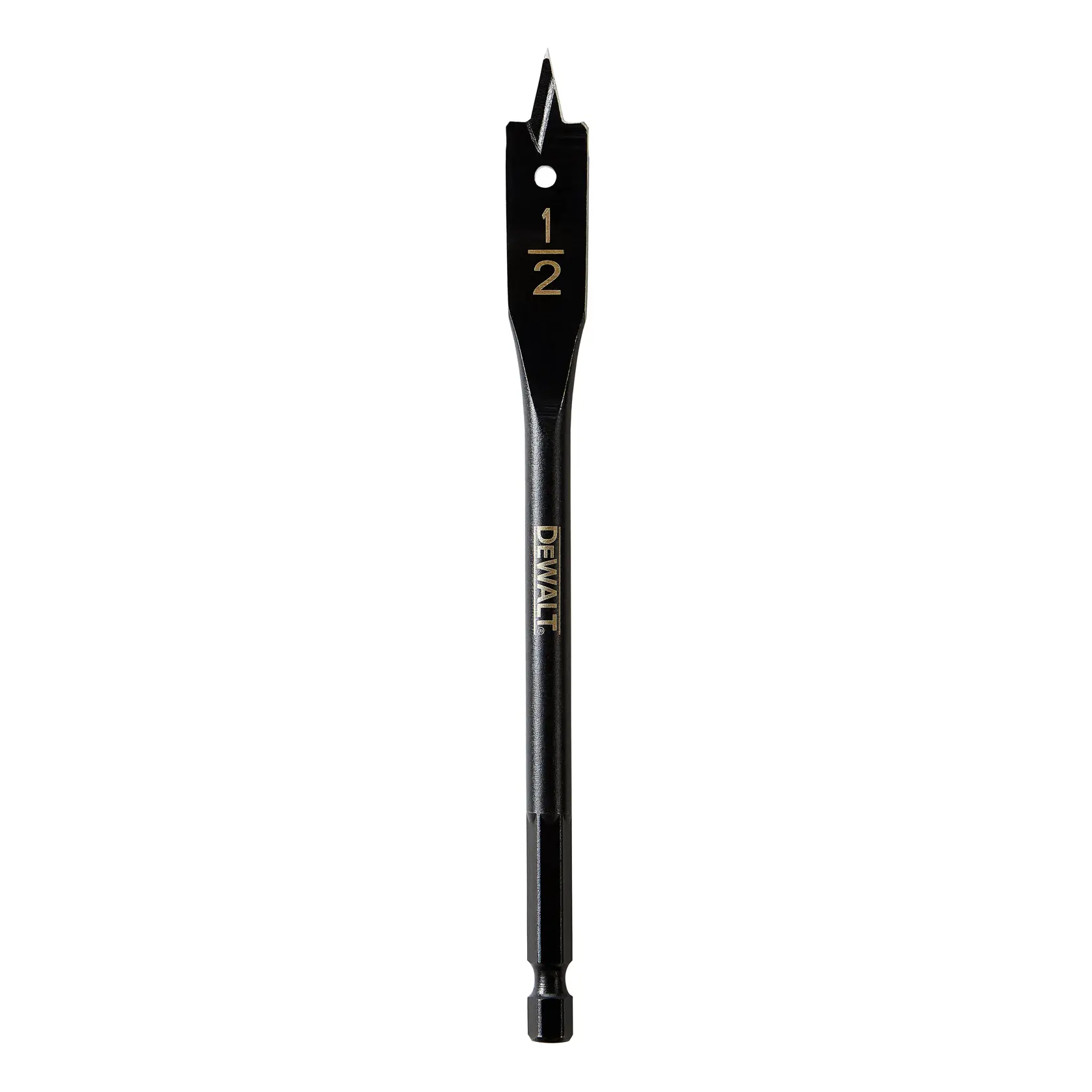 A DEWALT half inch flat spade drill bit with a hex shank, designed for wood drilling.