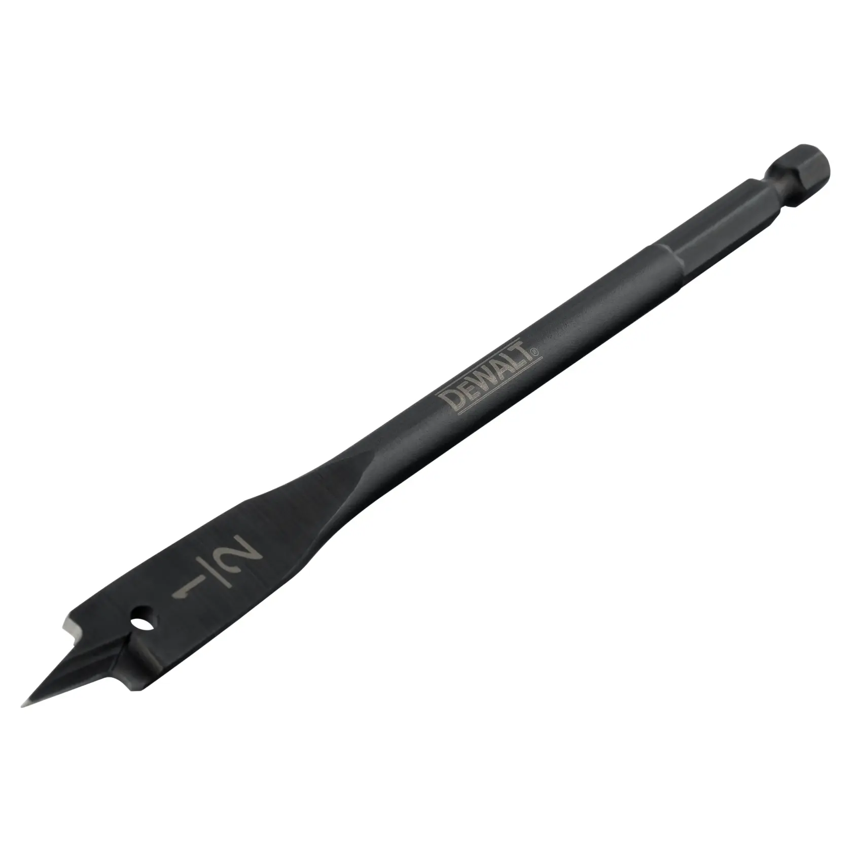 A DEWALT flat spade drill bit with a hex shank, designed for drilling wood. The bit is black with engraved size markings and the DEWALT logo on the shaft.