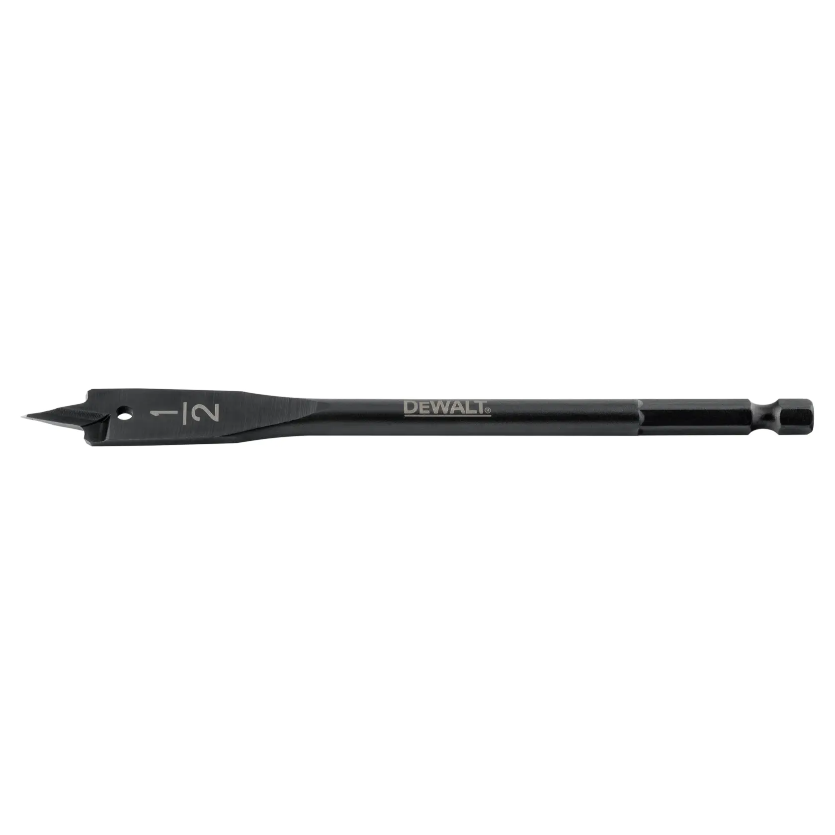 A DEWALT branded black spade drill bit with a flat blade and pointed tip, designed for drilling holes in wood.