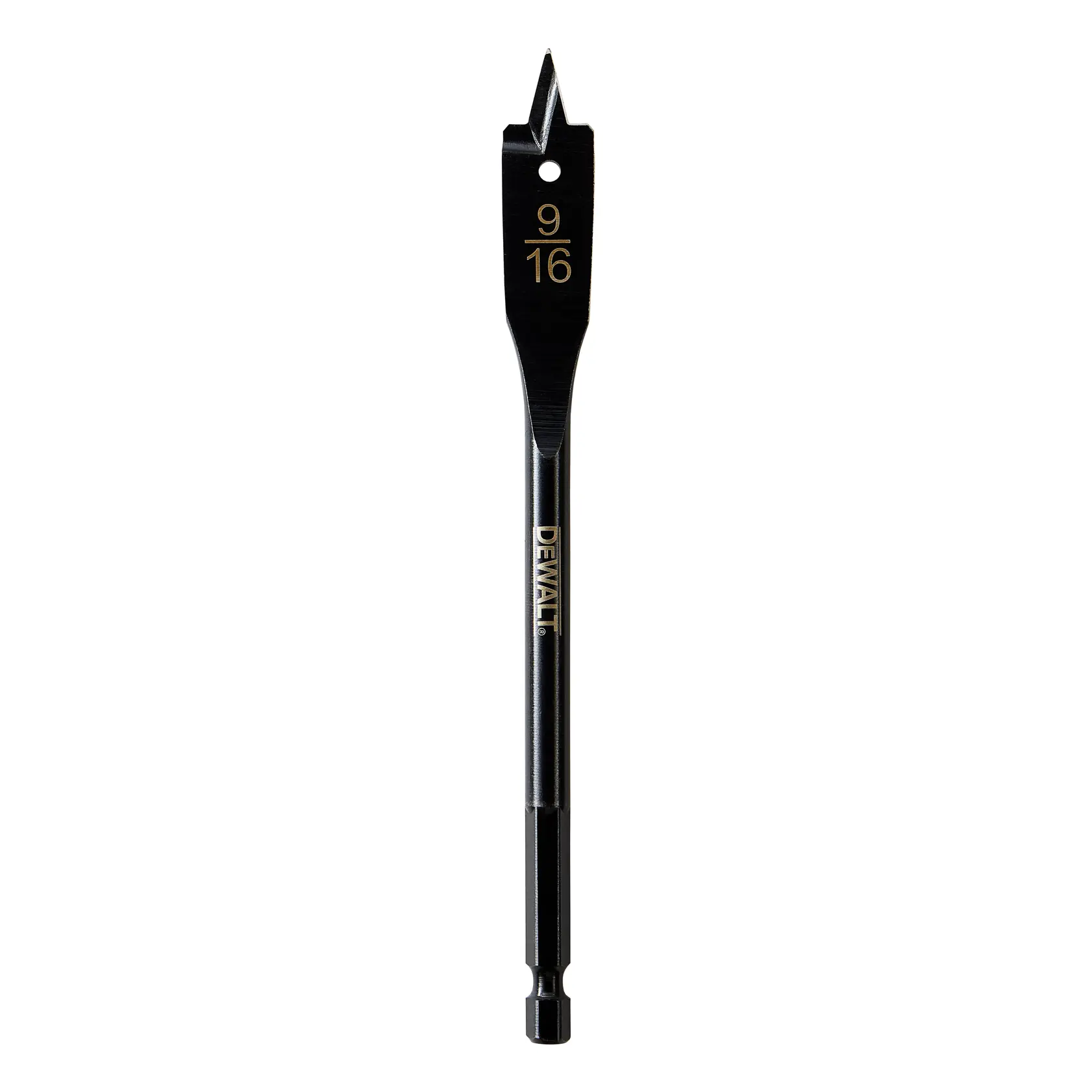 A DEWALT 9/16 inch flat spade drill bit, designed for boring holes in wood, with a hex shank and sharp pointed tip.