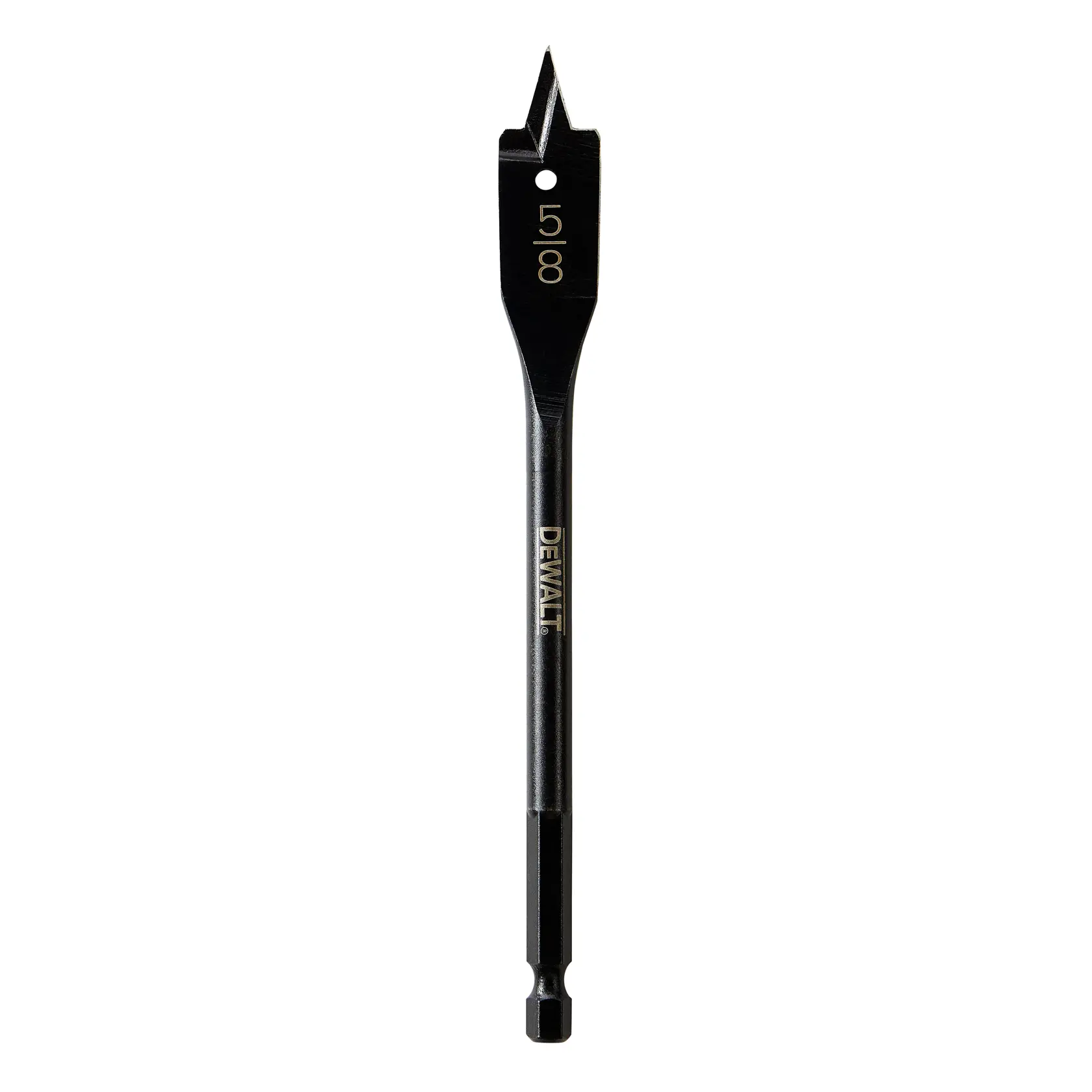 A DEWALT branded flat spade drill bit, designed for wood drilling, shown against a white background.