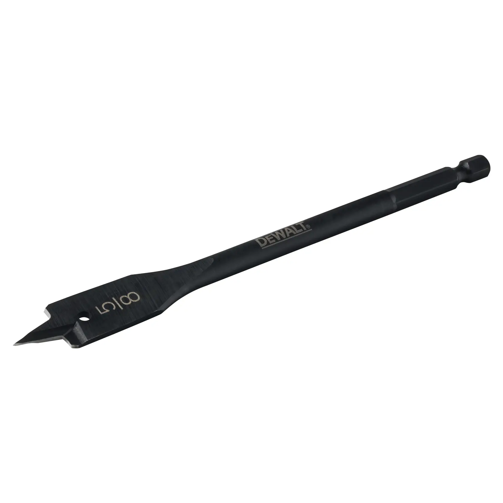 A DEWALT flat wood drill bit with a spade-shaped cutting head and a hexagonal shank, designed for drilling large holes in wood.