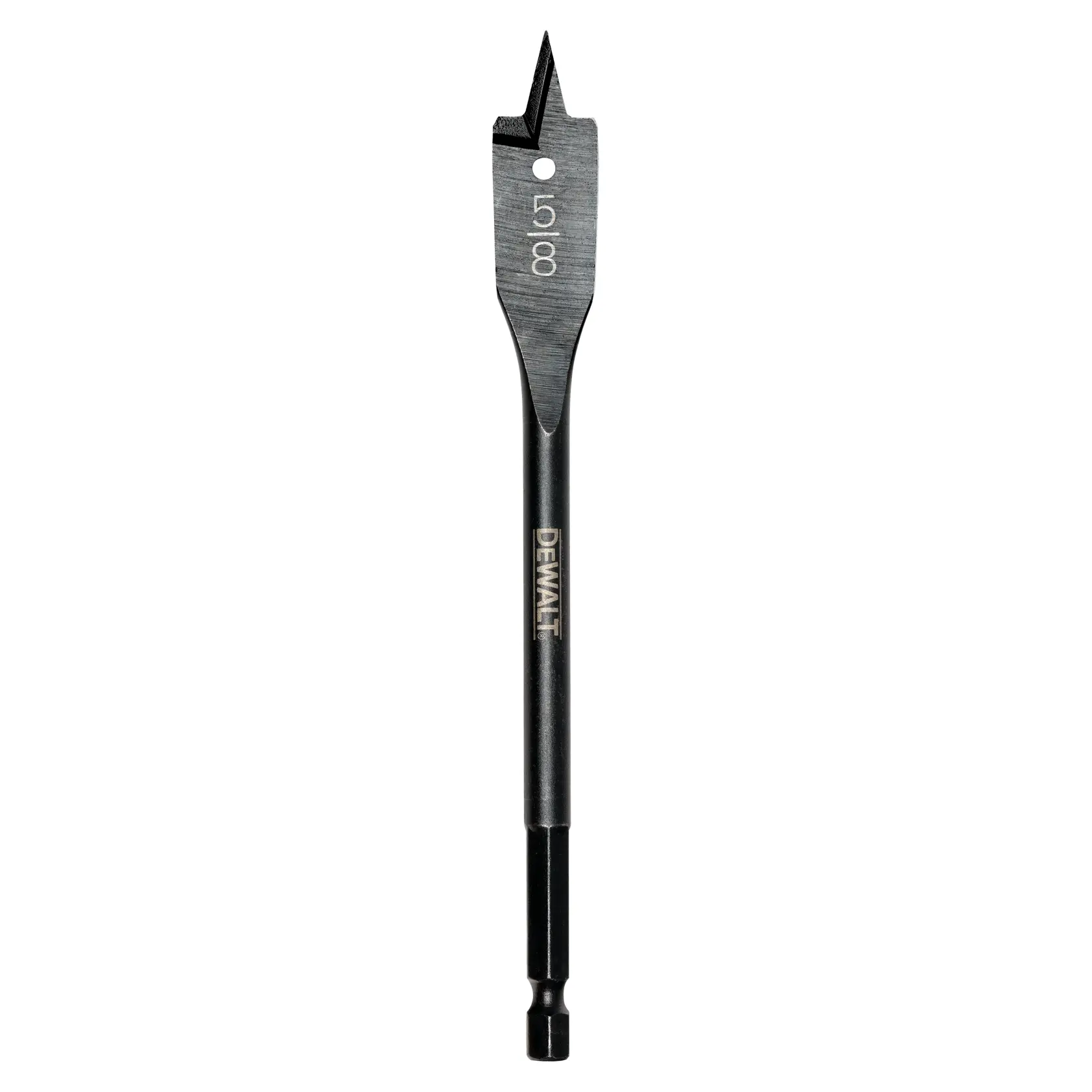 A DEWALT flat spade drill bit for wood with a 16mm diameter, black in color, shown upright against a white background.