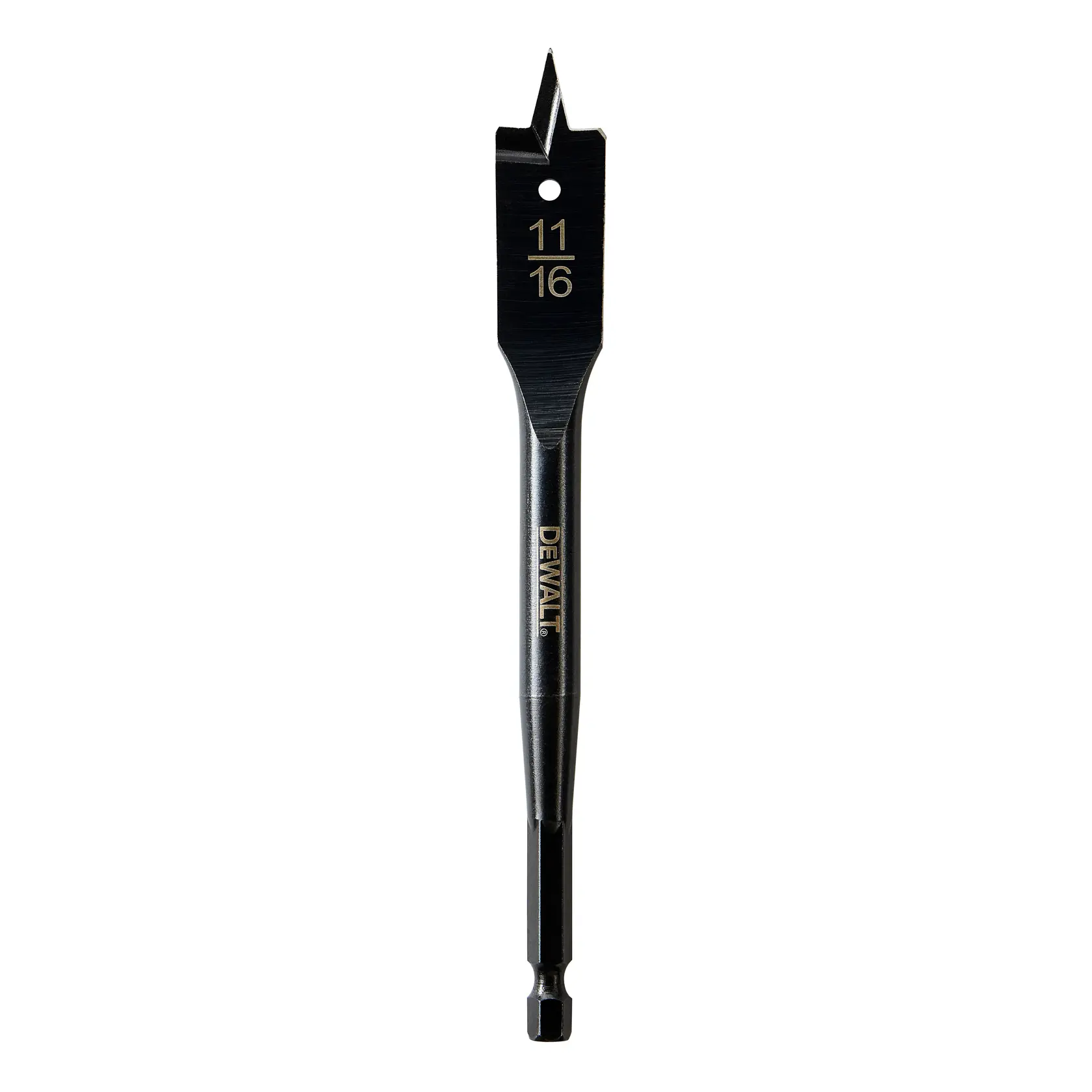 A DEWALT 11/16 inch spade drill bit with a hex shank, designed for drilling wood. The bit is black with DEWALT branding and has a pointed tip for precise cutting.
