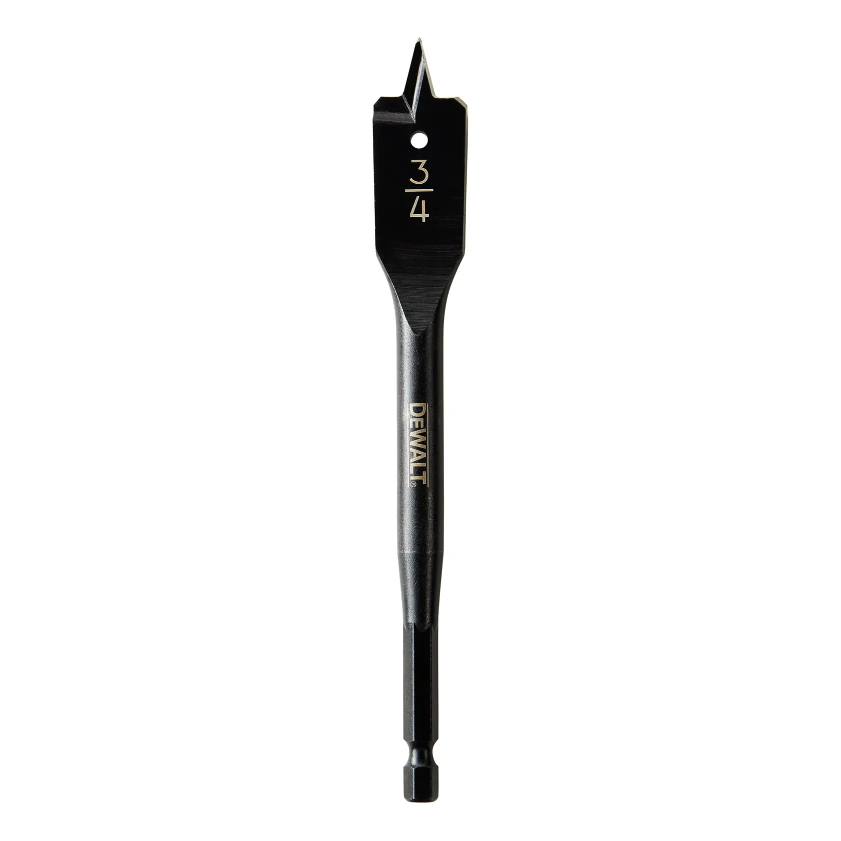 A DEWALT branded 3/4 inch spade drill bit with a hex shank, designed for wood drilling.