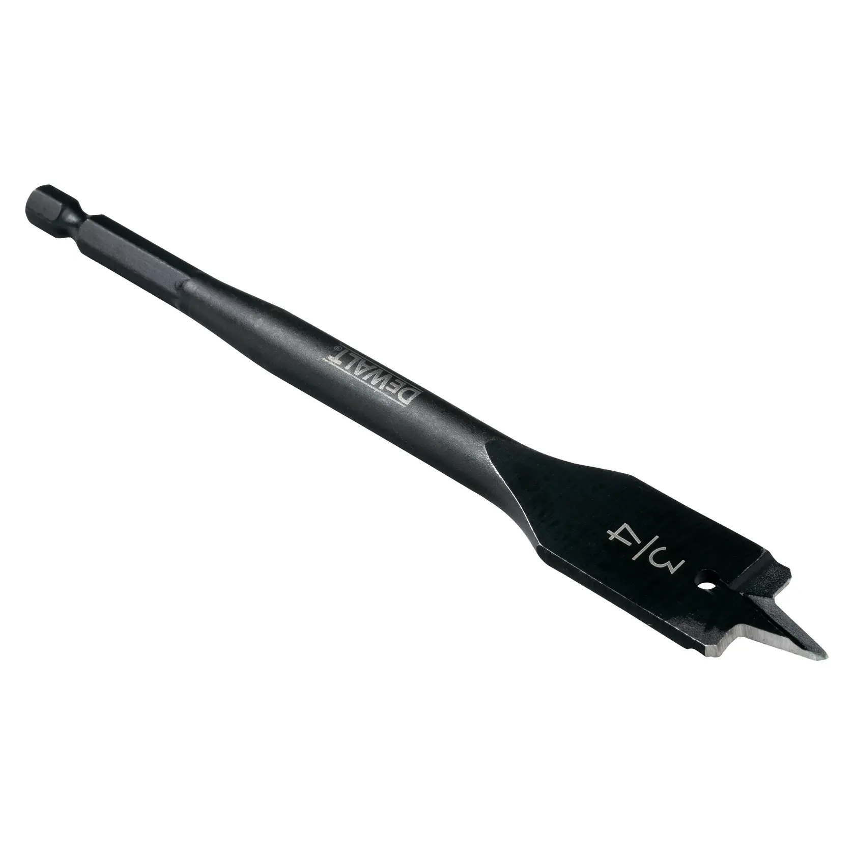 A DEWALT flat wood drill bit with a hex shank, designed for drilling large holes in wood.
