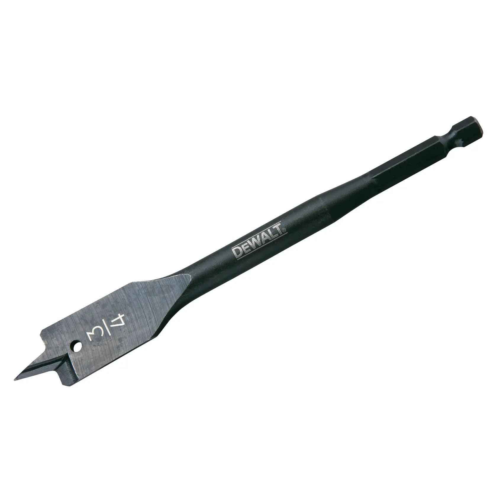 A DEWALT flat spade drill bit with a hex shank, suitable for drilling holes in wood. The bit is marked with the size 3/4 inch.