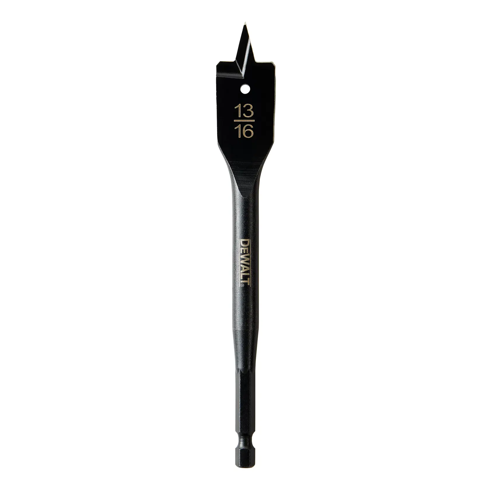 A DEWALT flat spade drill bit with a 13/16 inch size marking, designed for drilling holes in wood.