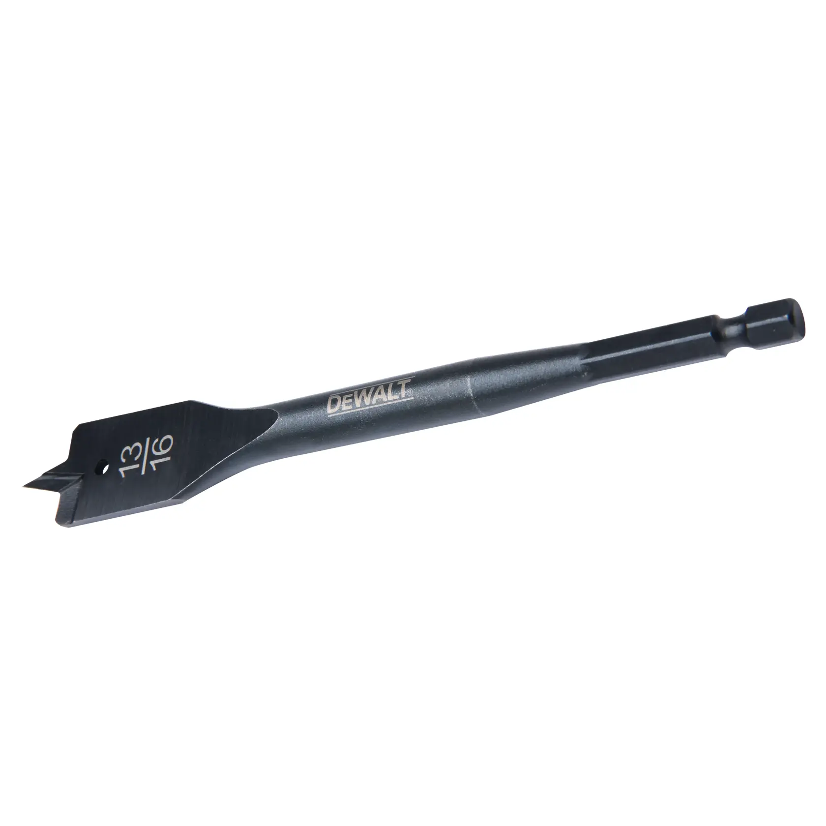 A DEWALT 13/16 inch flat spade drill bit designed for wood drilling, shown isolated on a white background.