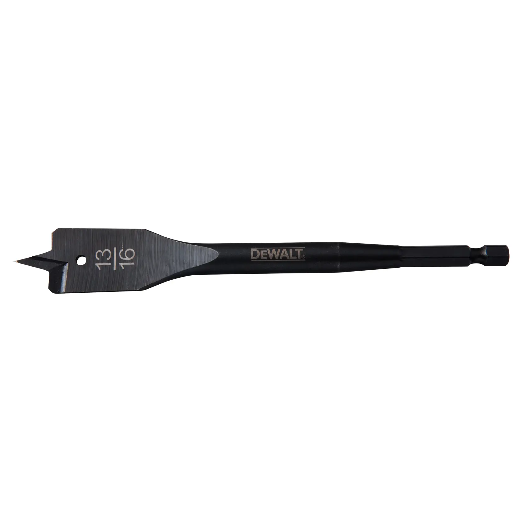 A DEWALT flat spade drill bit, 13/16 inch size, designed for drilling holes in wood.