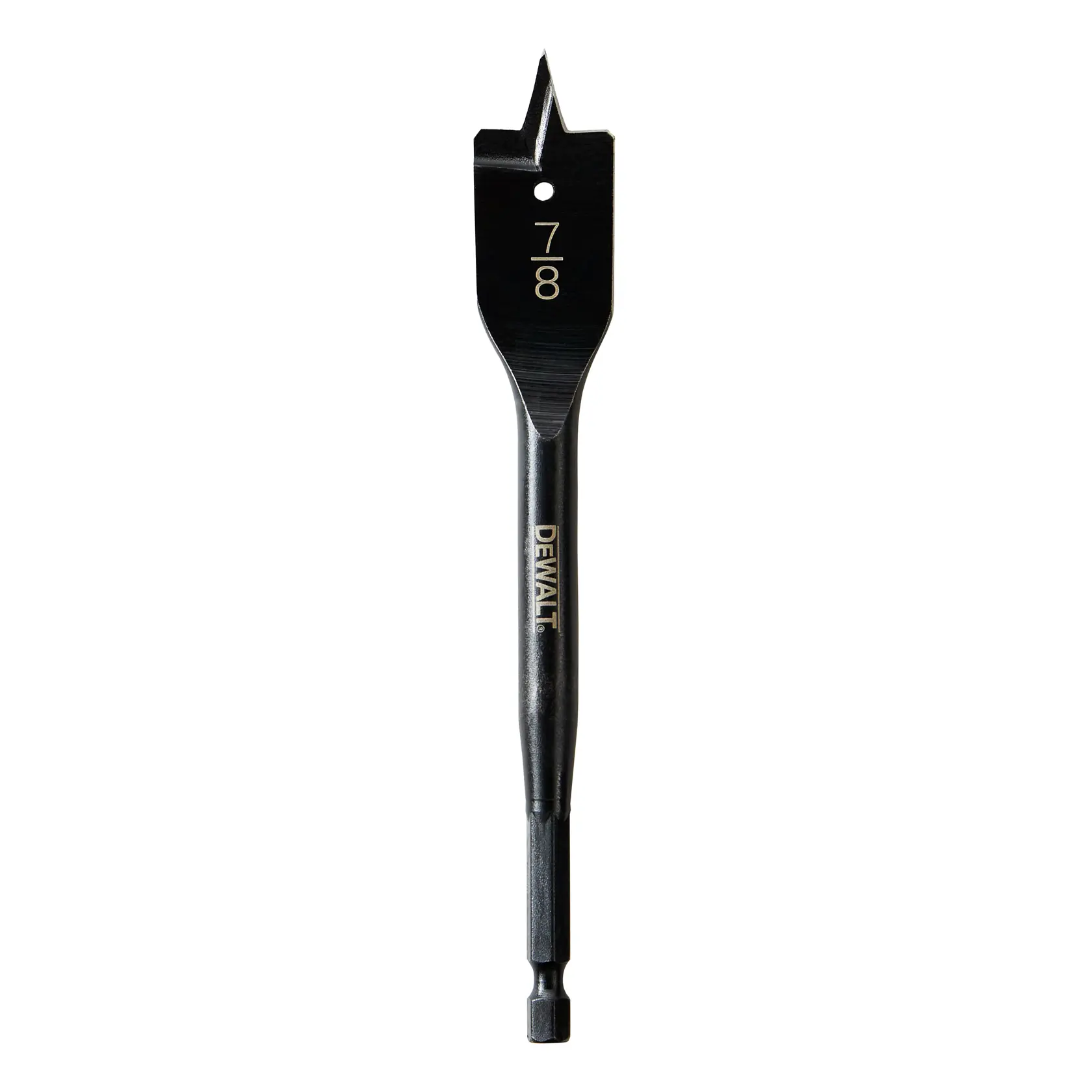 A DEWALT 7/8 inch flat spade drill bit, shown upright on a white background. The drill bit is black with the brand name DEWALT printed on the shank.