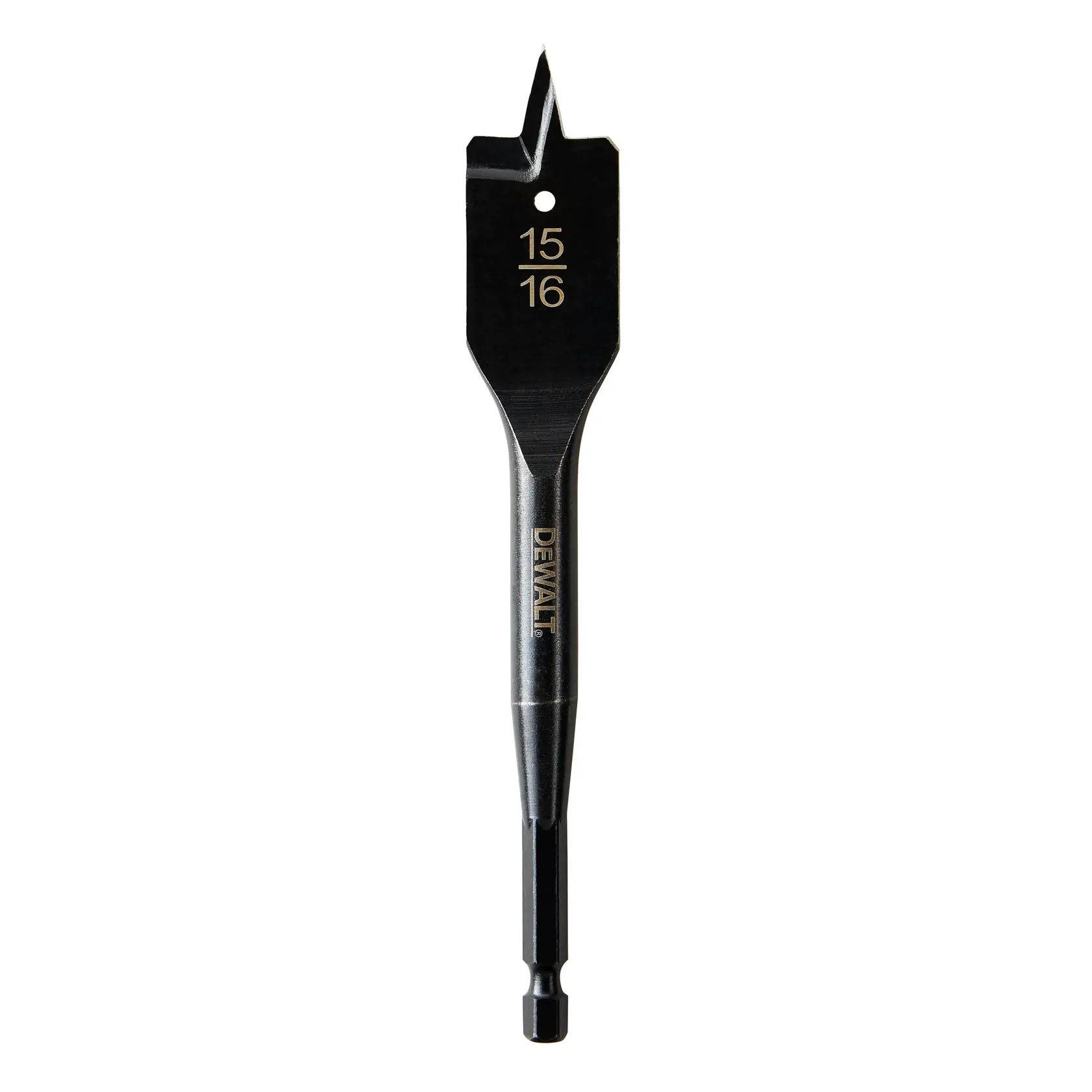 A DEWALT branded spade drill bit with a flat blade tip and hex shank, marked with 15/16 inch size, used for woodworking.