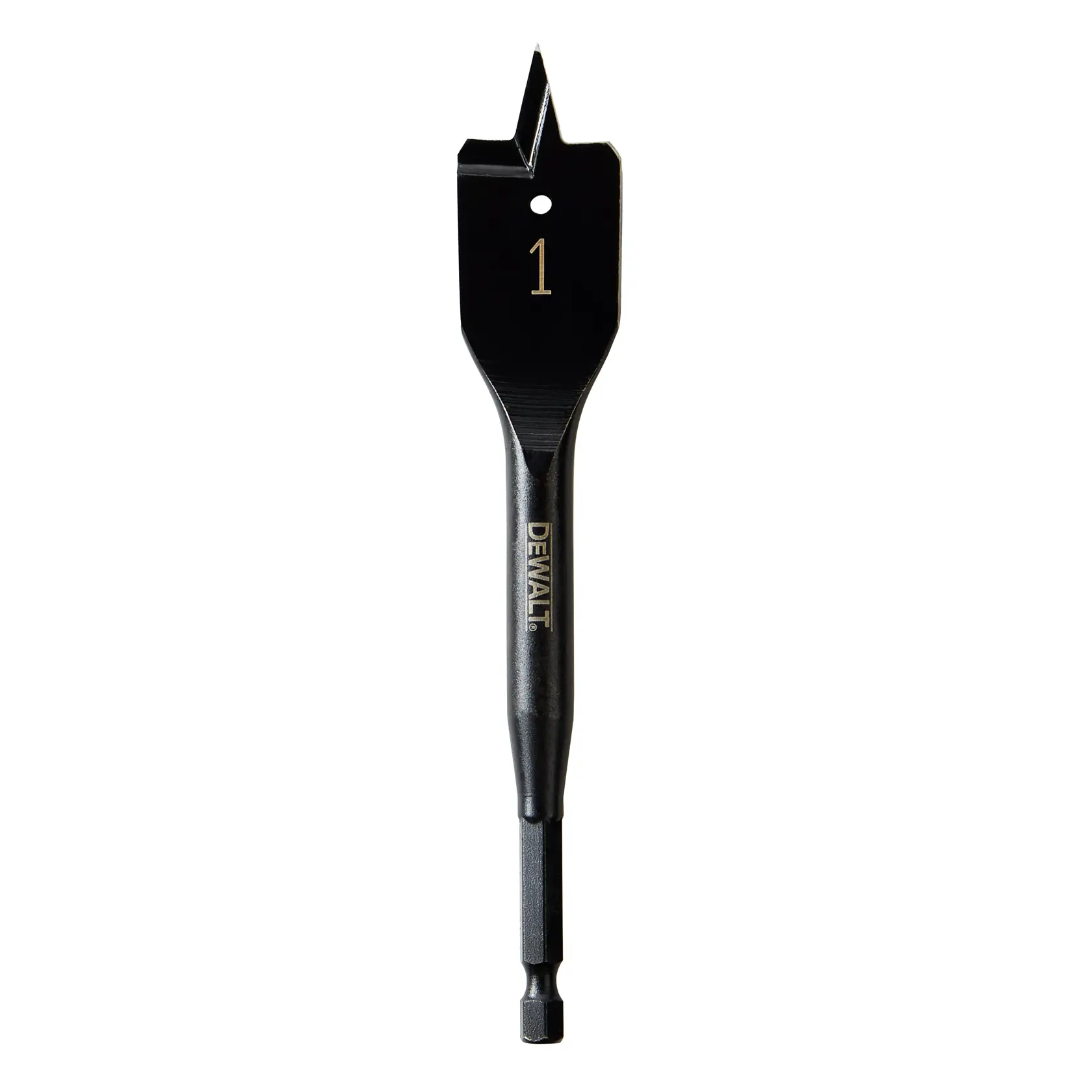 A black DEWALT spade drill bit, size 1 inch, with a hex shank for use in drilling wood.