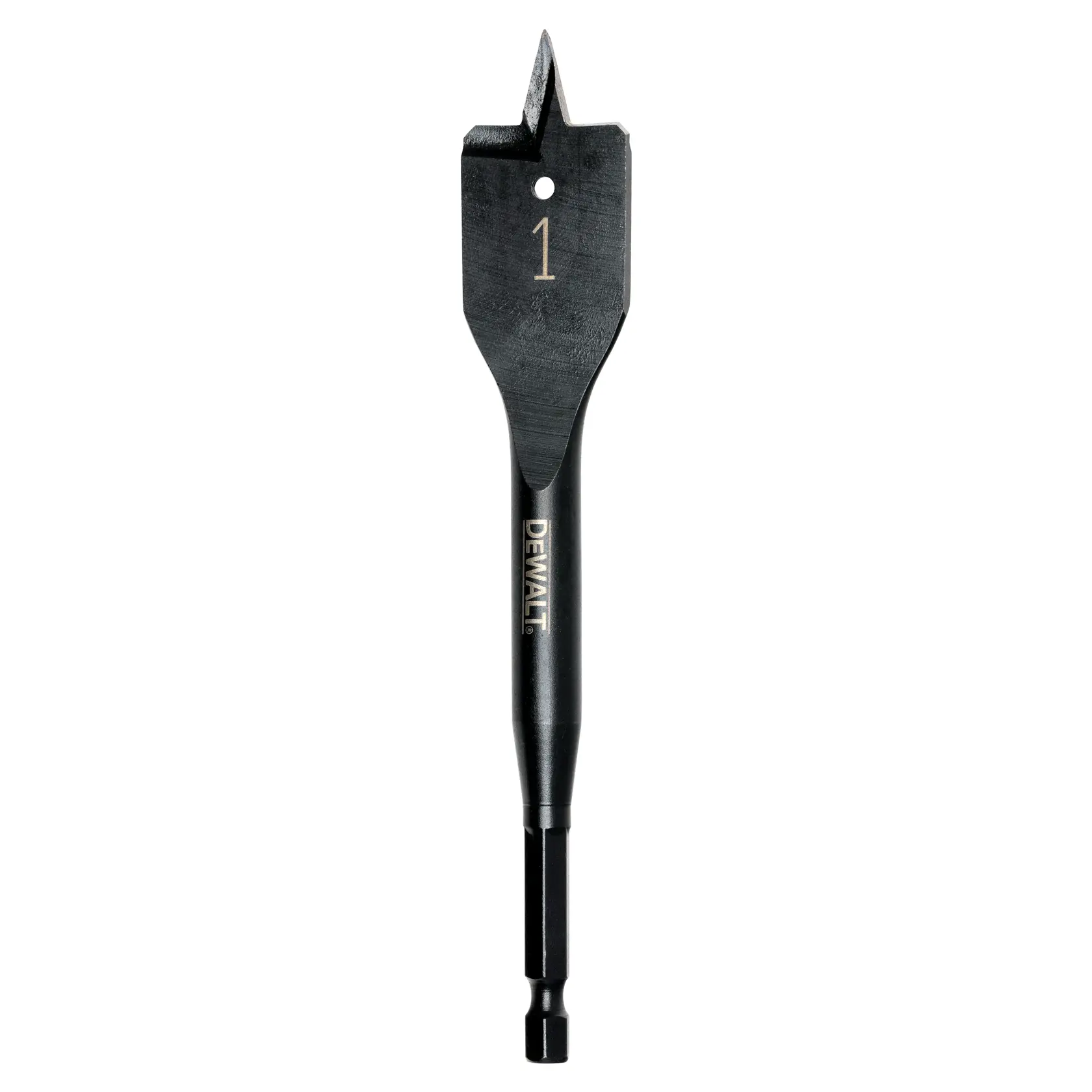 A DEWALT flat spade drill bit with a black finish. The bit is marked with the number 1 and has a hexagon-shaped shank for use with drills.