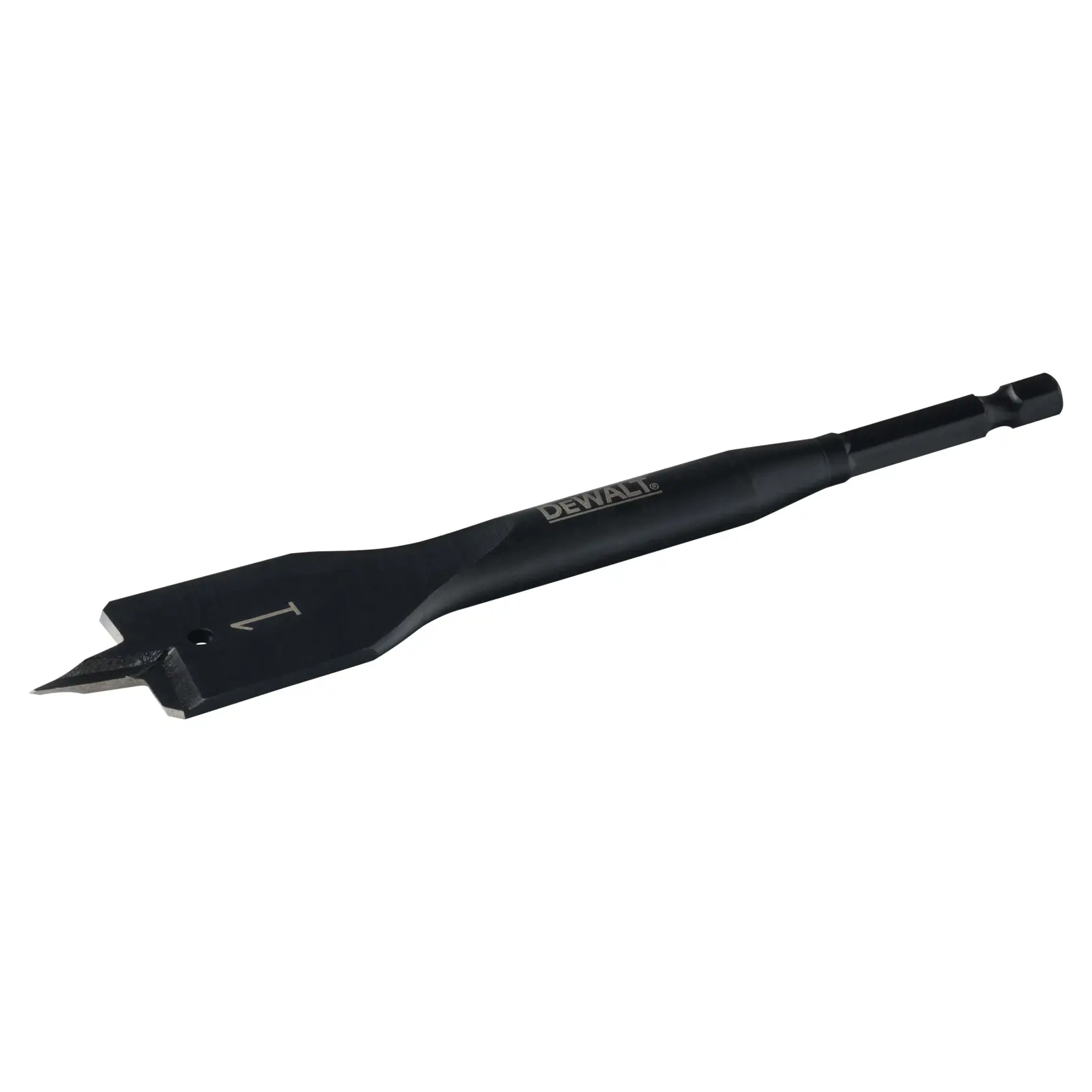 A DEWALT flat spade drill bit with a hex shank, designed for drilling large holes in wood.