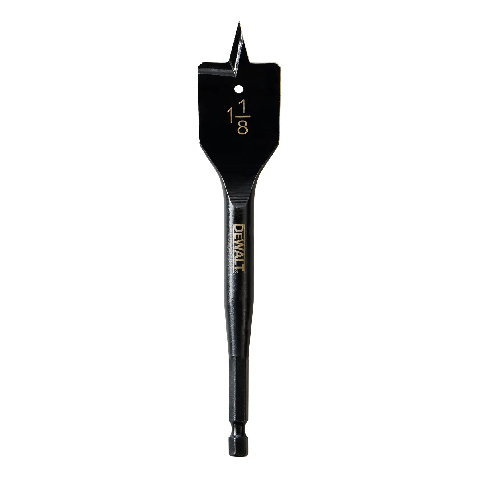 A DEWALT branded flat wood boring spade bit, size 1 1/8 inch, used for drilling holes in wood. The bit has a black finish and hex shank.