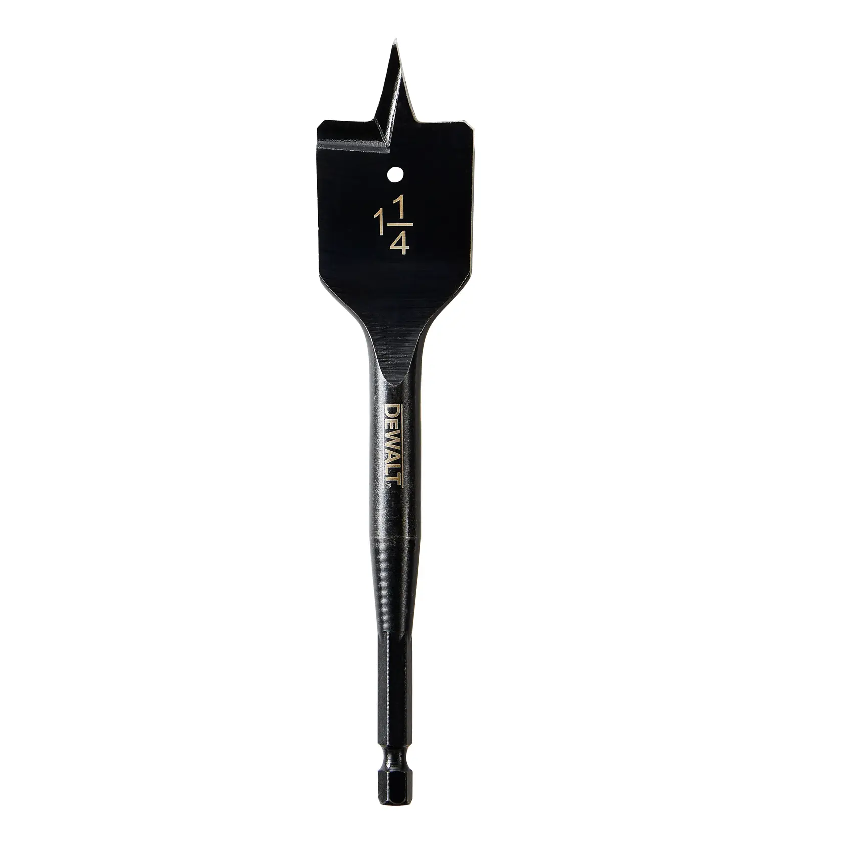 A DEWALT 1-1/4 inch flat wood drill bit, also known as a spade bit, with a hex shank for use with power drills.