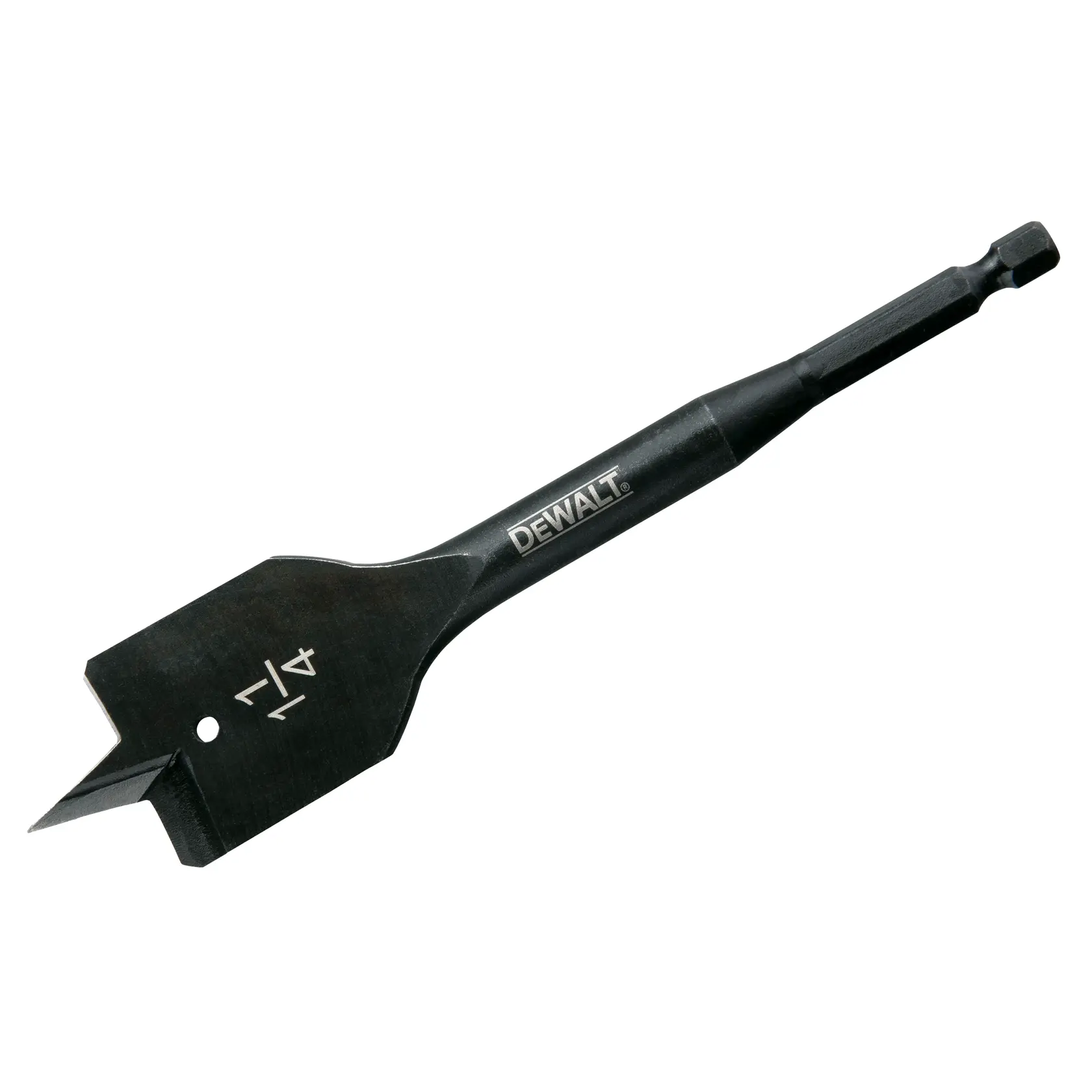 A DEWALT flat spade drill bit with a quarter inch (1/4) size marking, designed for drilling into wood.