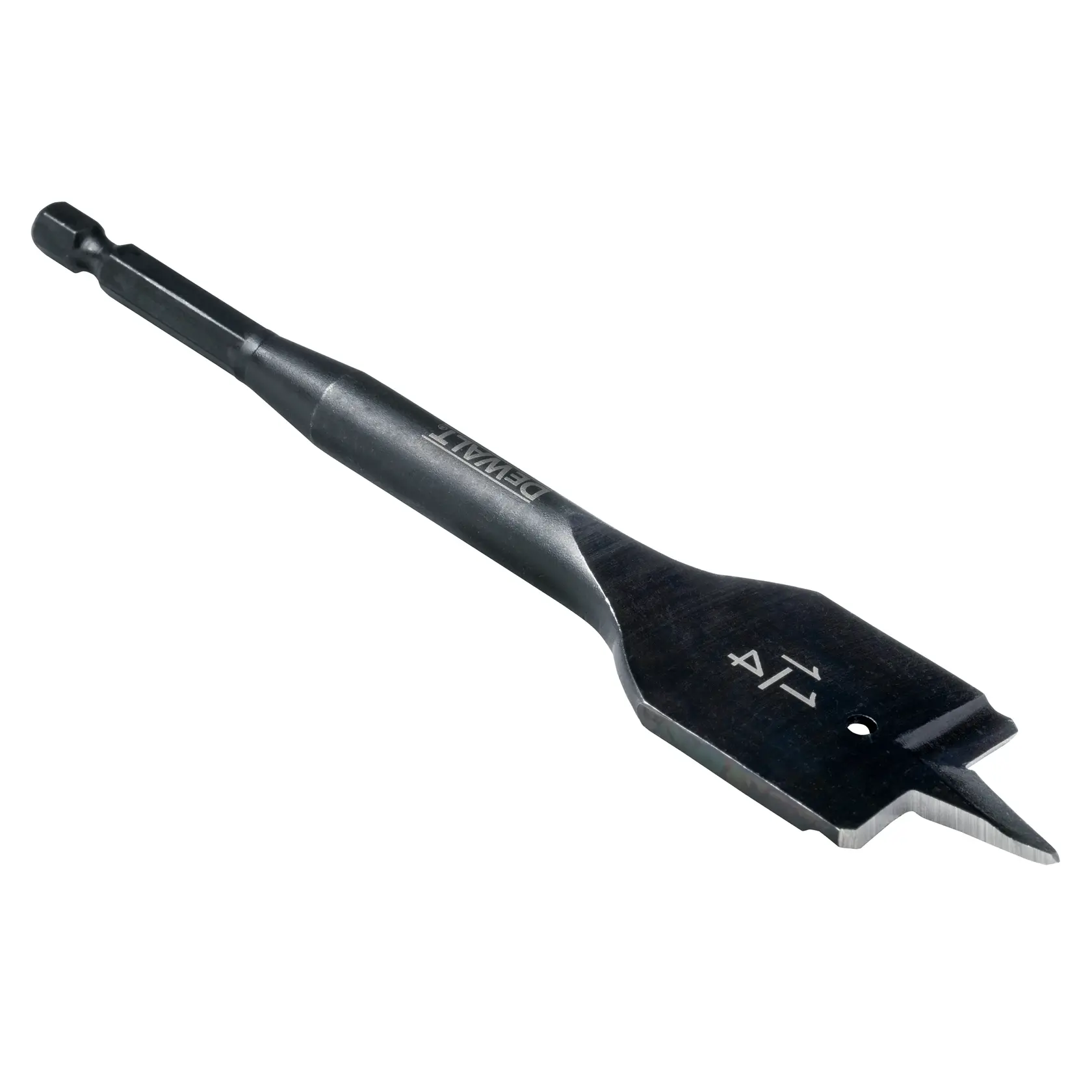 A DEWALT flat spade drill bit, used for woodworking, with a sharp cutting edge and hex shank for secure attachment to a drill.