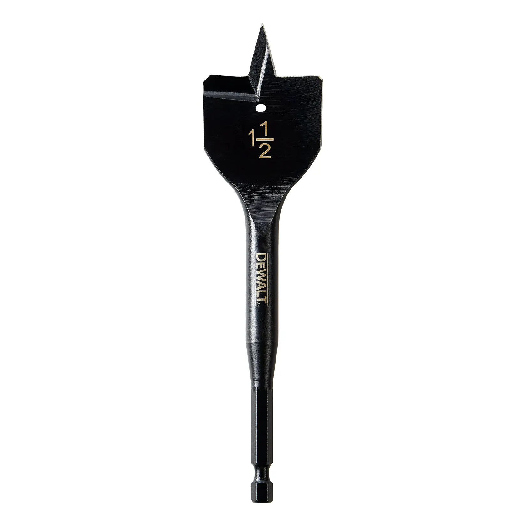 A DEWALT 1 1/2 inch flat wood drill bit with a hex shank, designed for making large holes in wood. The bit is black with the size and DEWALT logo printed on it.