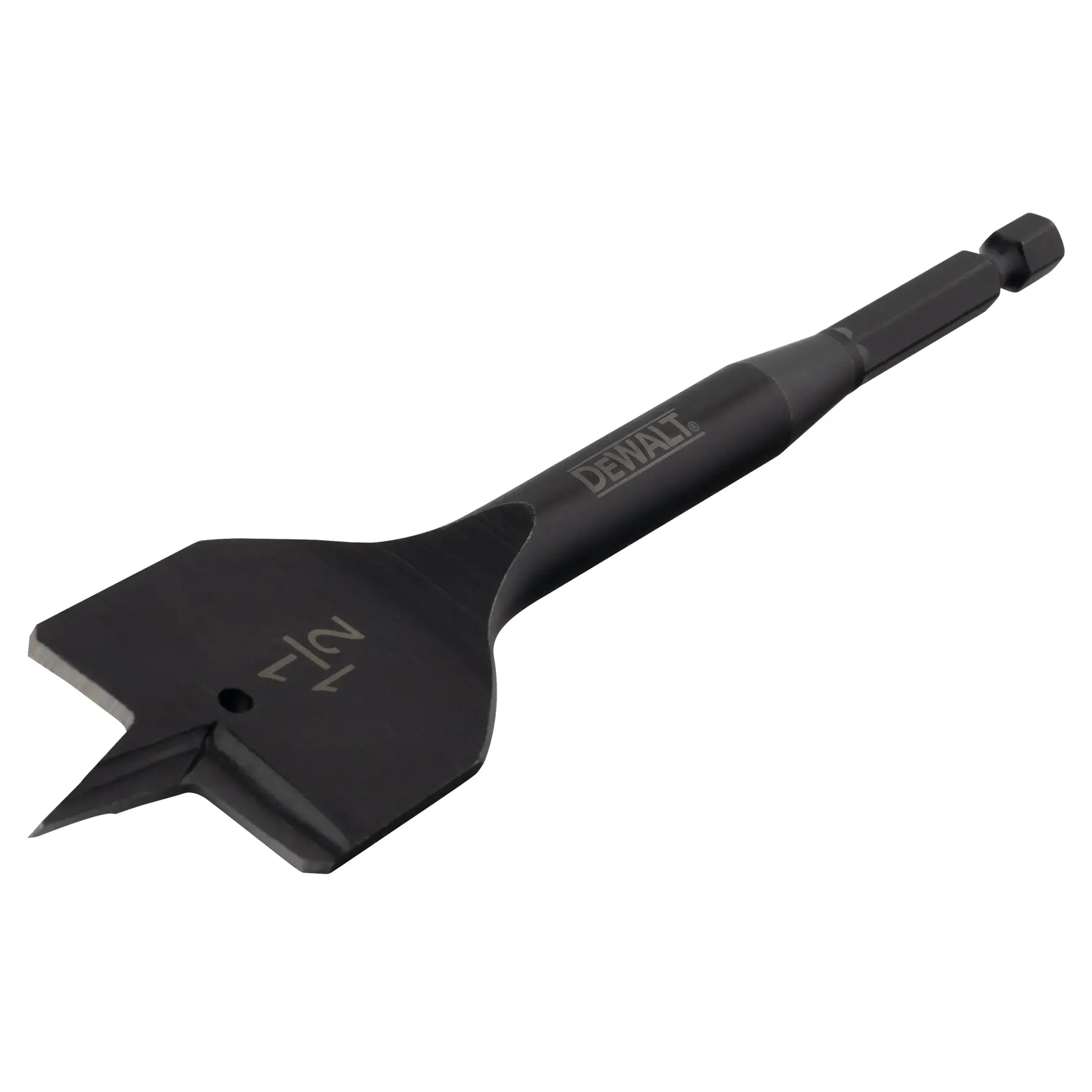 A DEWALT branded flat wood drill bit with a hex shank and a sharp pointed tip, designed for drilling holes in wood.