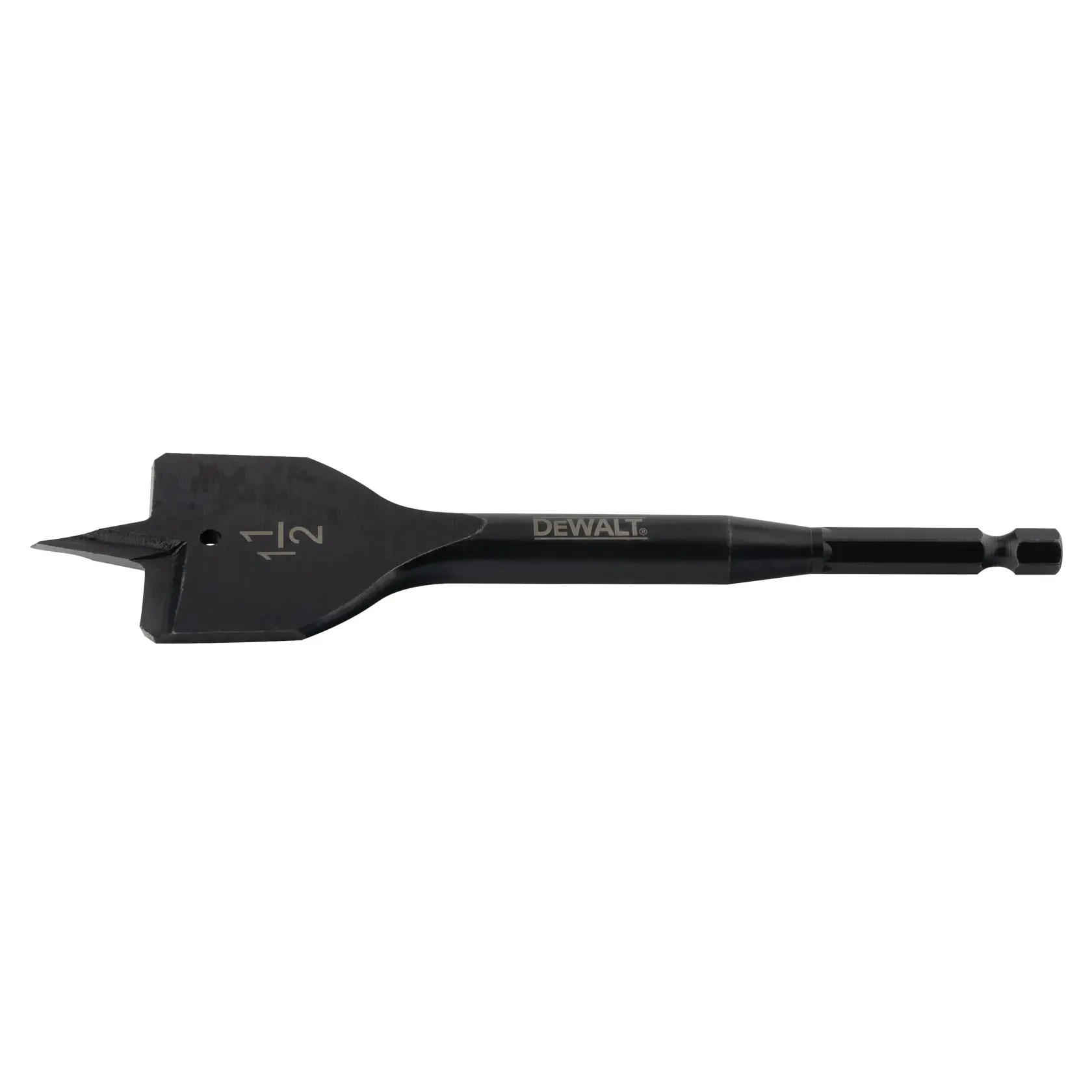 A DEWALT branded flat spade drill bit, size 1/2 inch, designed for woodworking applications.