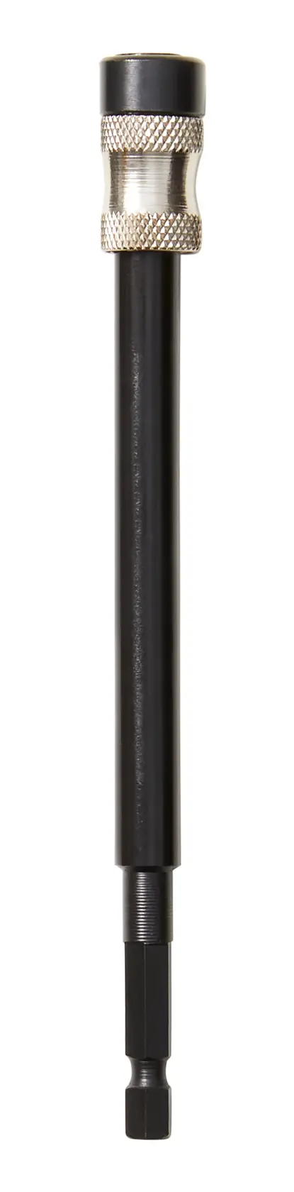 A DEWALT drill bit extension with a knurled metal grip and a black shaft, designed for use with power tools.