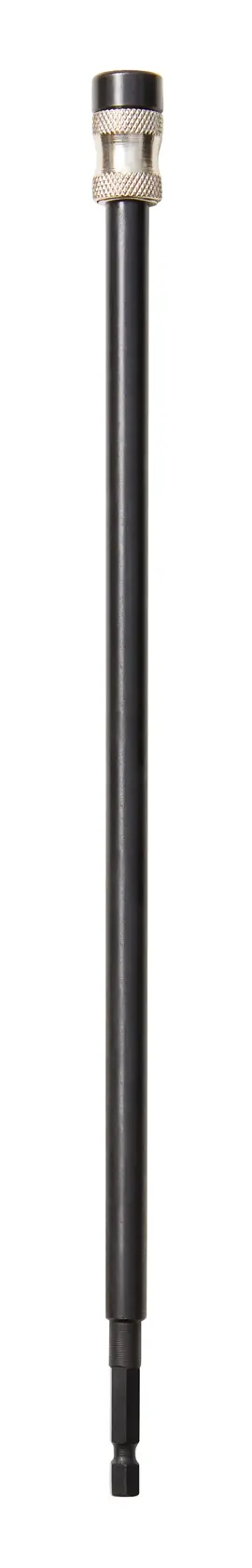 A long, black metal drill bit extension with a hex shank at the bottom and a silver knurled sleeve near the top, photographed against a white background.