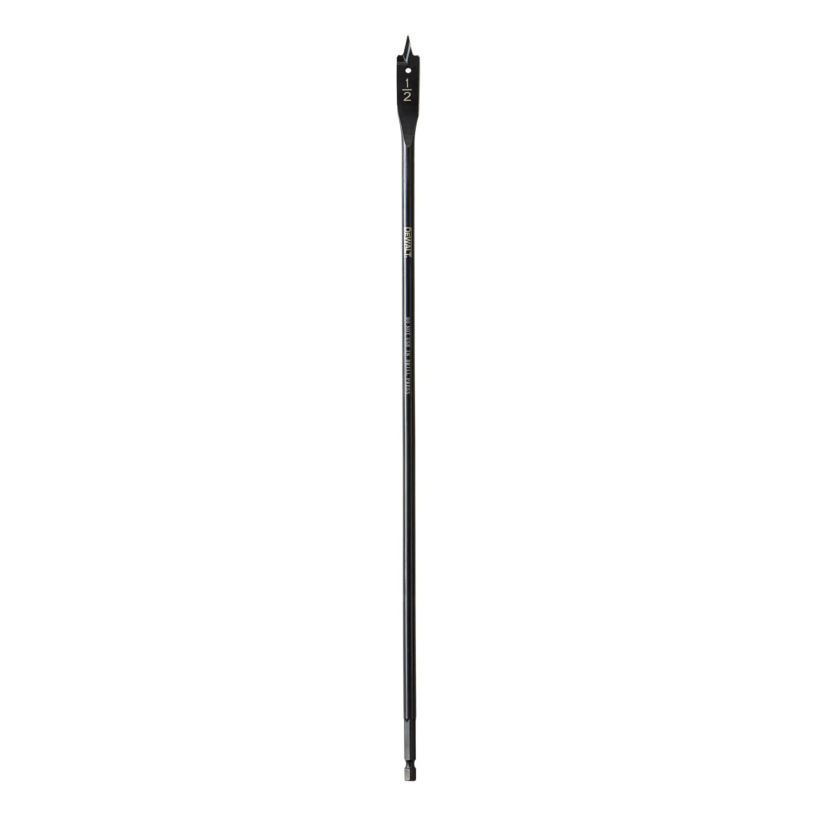 A long, black DEWALT spade drill bit with a flat blade and pointed tip, marked with '1/2' inch size, designed for drilling wide holes in wood.