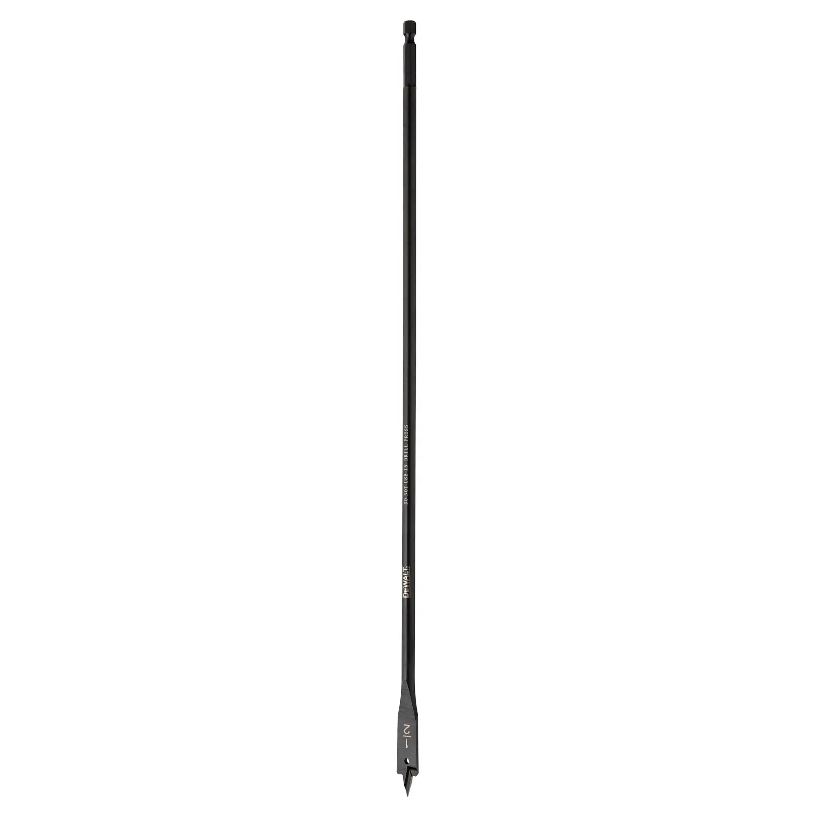 A DEWALT DW1591 extra-long spade drill bit with a black shaft and flat pointed tip designed for wood drilling.