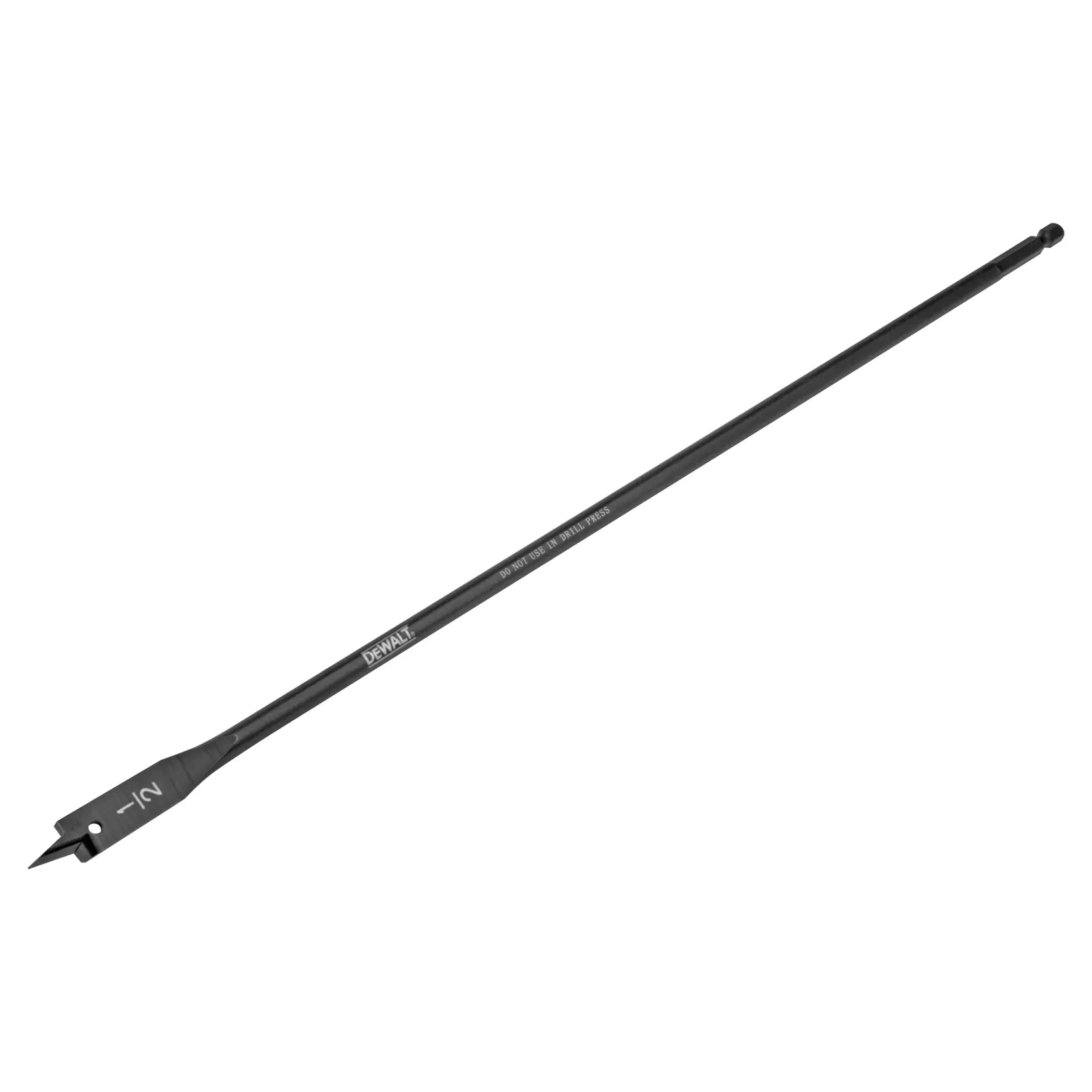A DEWALT long spade drill bit with a flat blade and pointed tip, designed for drilling holes in wood.