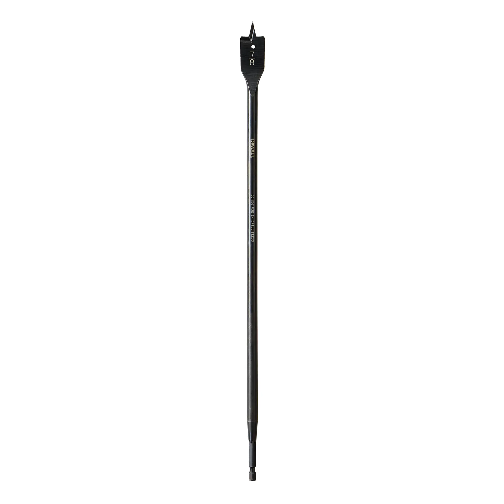 A DEWALT flat wood drill bit with a pointed tip and hex shank, designed for boring large holes in wood.