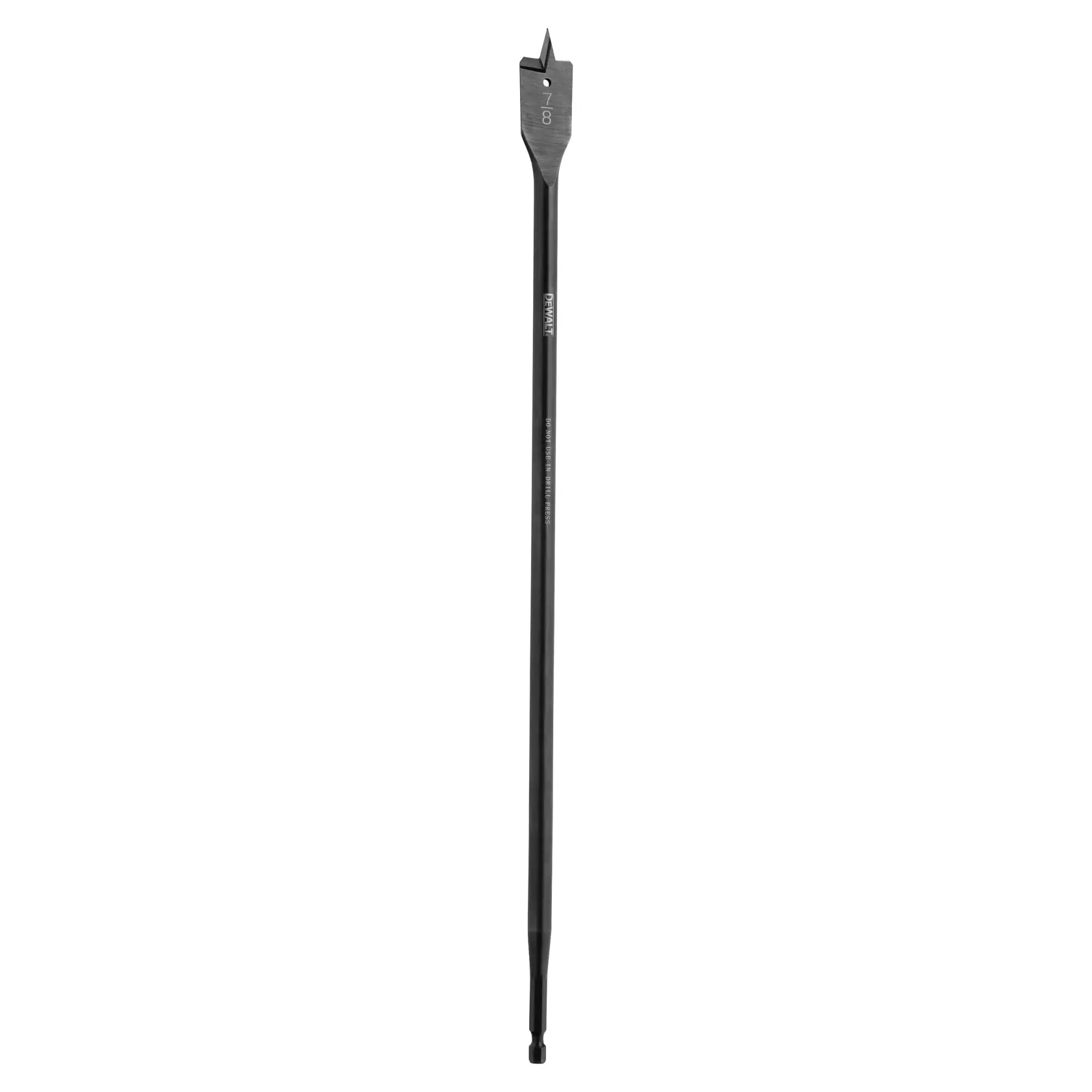 A DEWALT brand spade drill bit with a 7/8 inch cutting head and extra-long shaft, designed for drilling large holes in wood.
