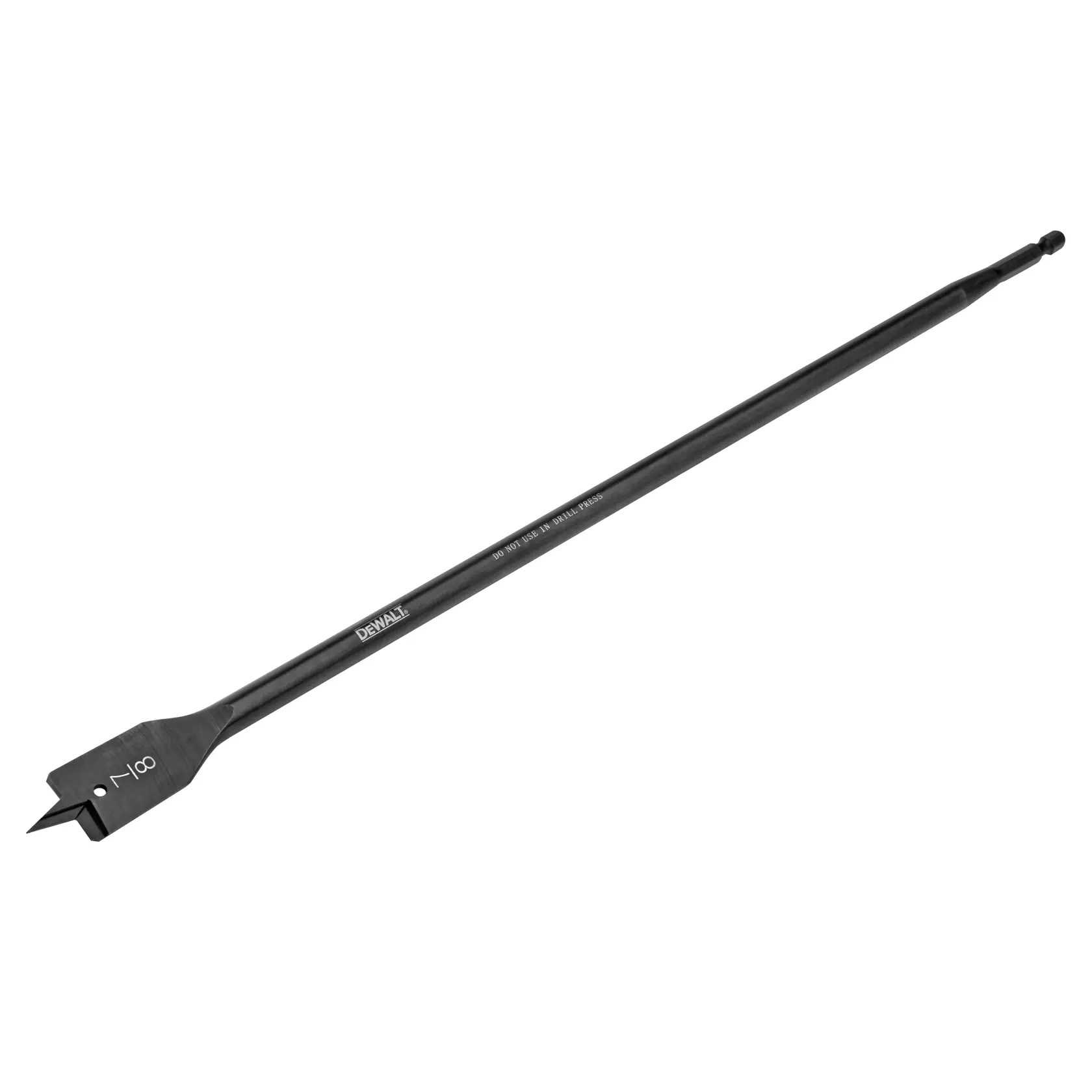 A DEWALT long flat spade drill bit with a pointed tip and hex shank, designed for drilling holes in wood.