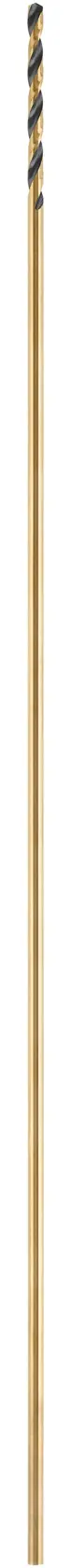 A long, thin DEWALT drill bit with a gold-colored body and spiral cutting edge, shown vertically on a white background.