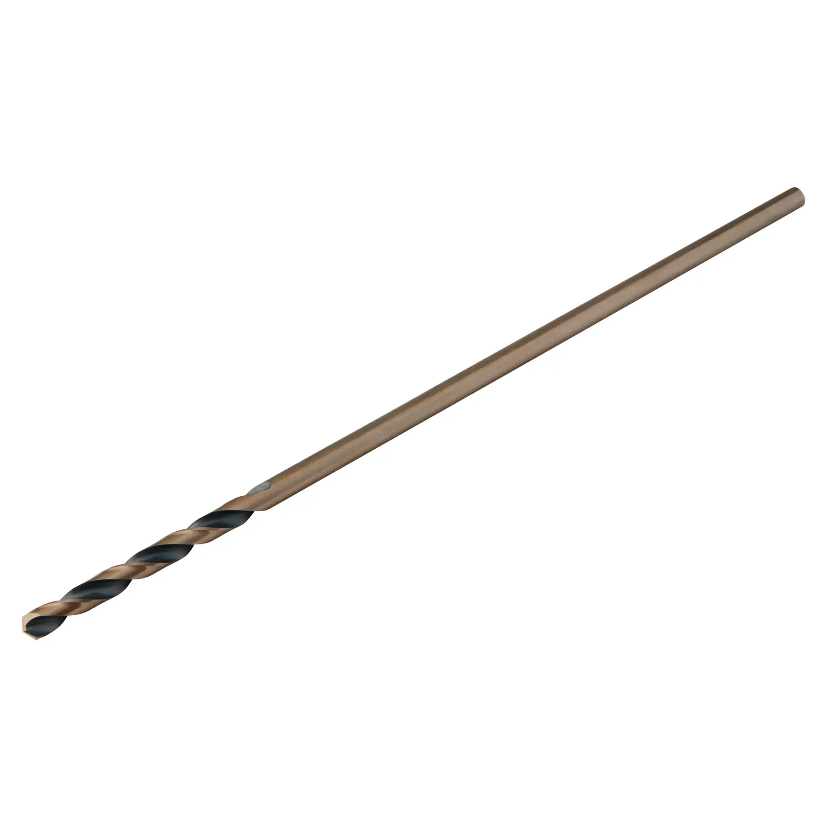 A metal drill bit with a long shank and spiral flutes, photographed on a white background.