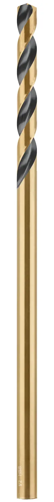 A single titanium-coated drill bit with a spiral flute design, standing upright against a white background.