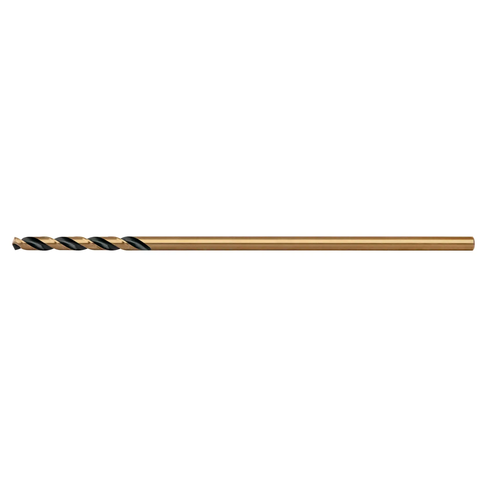 A straight-on view of a gold and black twist drill bit against a white background.