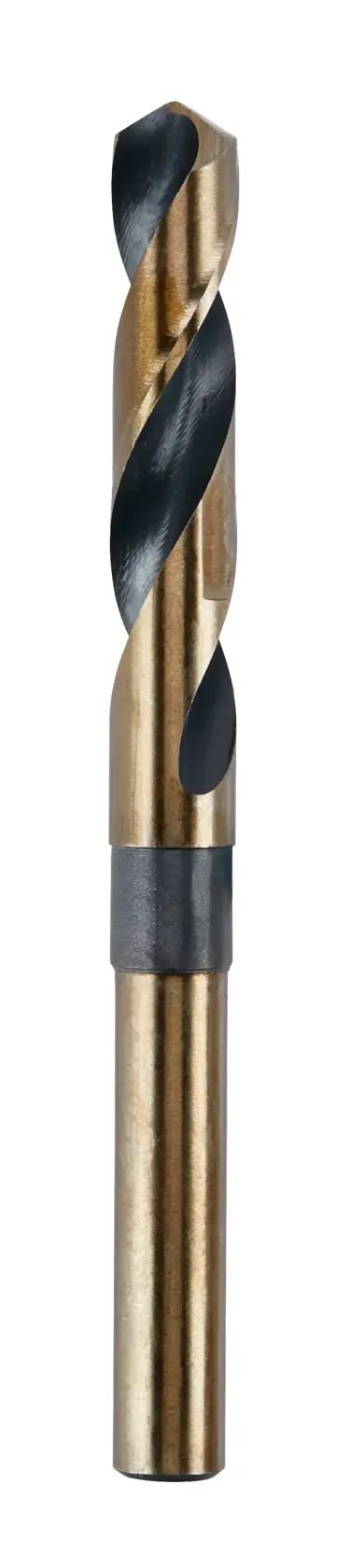 A single gold and black metal drill bit standing upright against a white background.