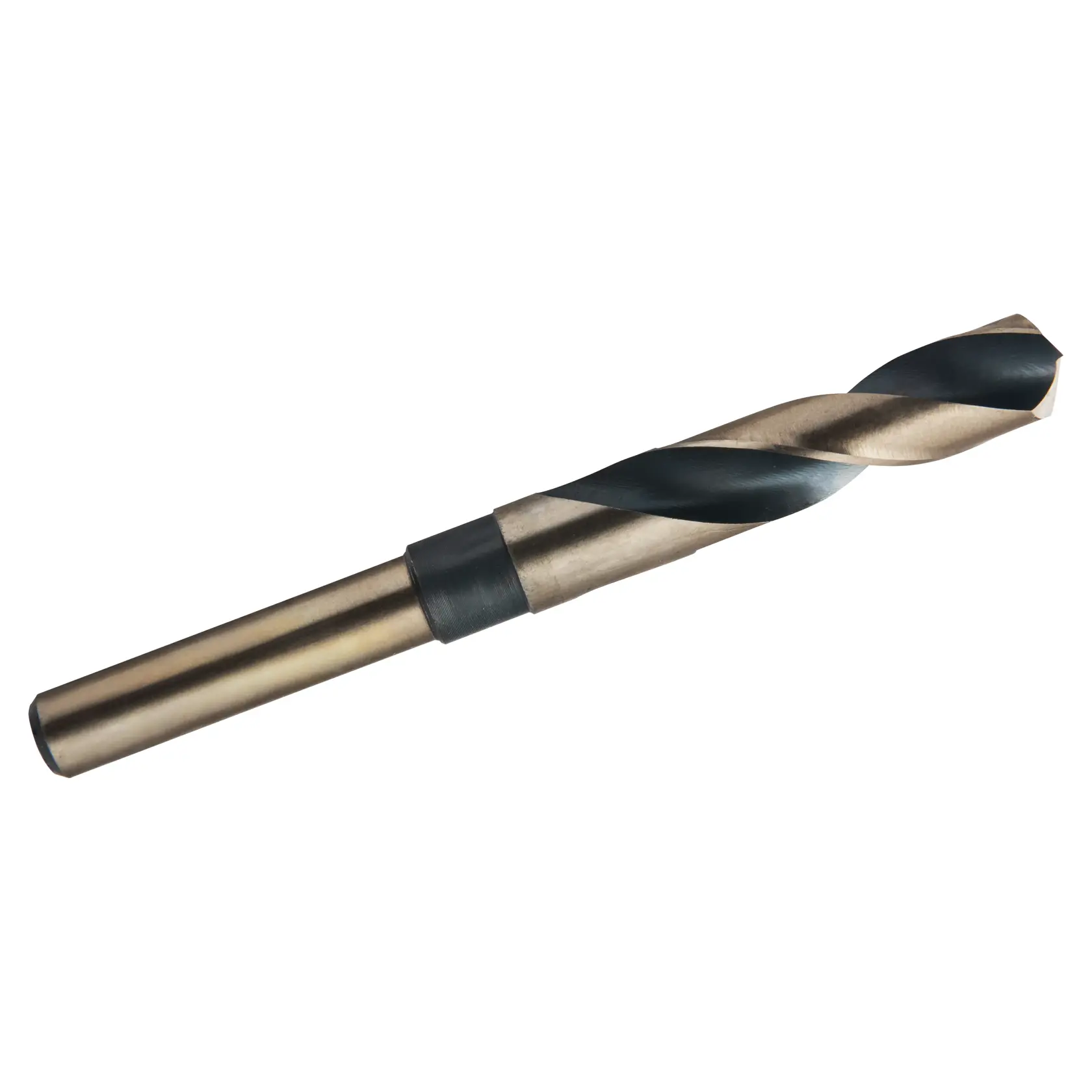 A close-up photo of a metal drill bit with a cylindrical shank and spiral flutes, isolated on a white background.