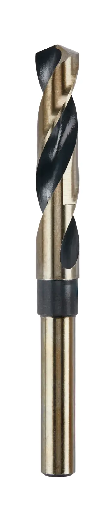 A close-up image of a DEWALT metal drill bit with a spiral design, shown standing upright on a white background.