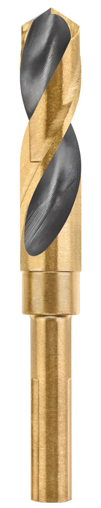 A close-up image of a DEWALT gold and black drill bit, shown vertically against a white background.