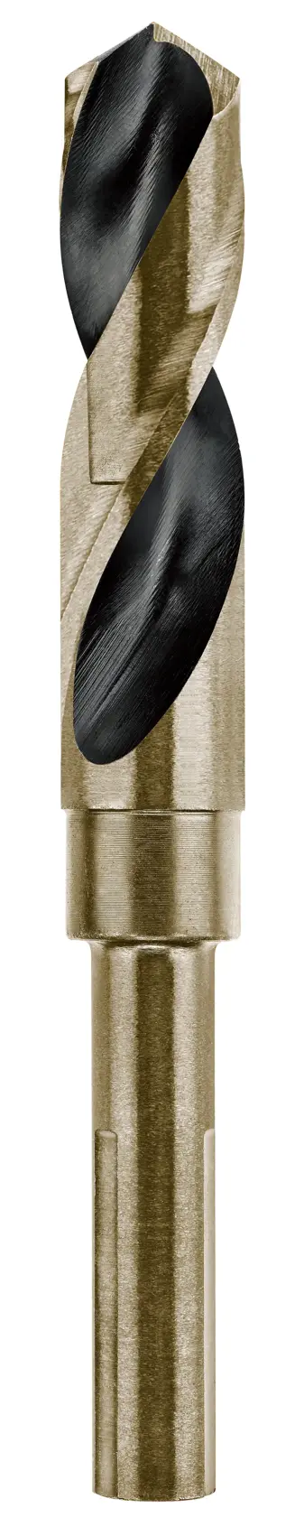 A close-up image of a metallic drill bit with a spiral flute design, shown vertically on a white background.