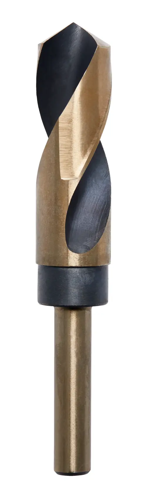 A close-up image of a metallic drill bit with a gold and black finish, displayed upright against a white background.