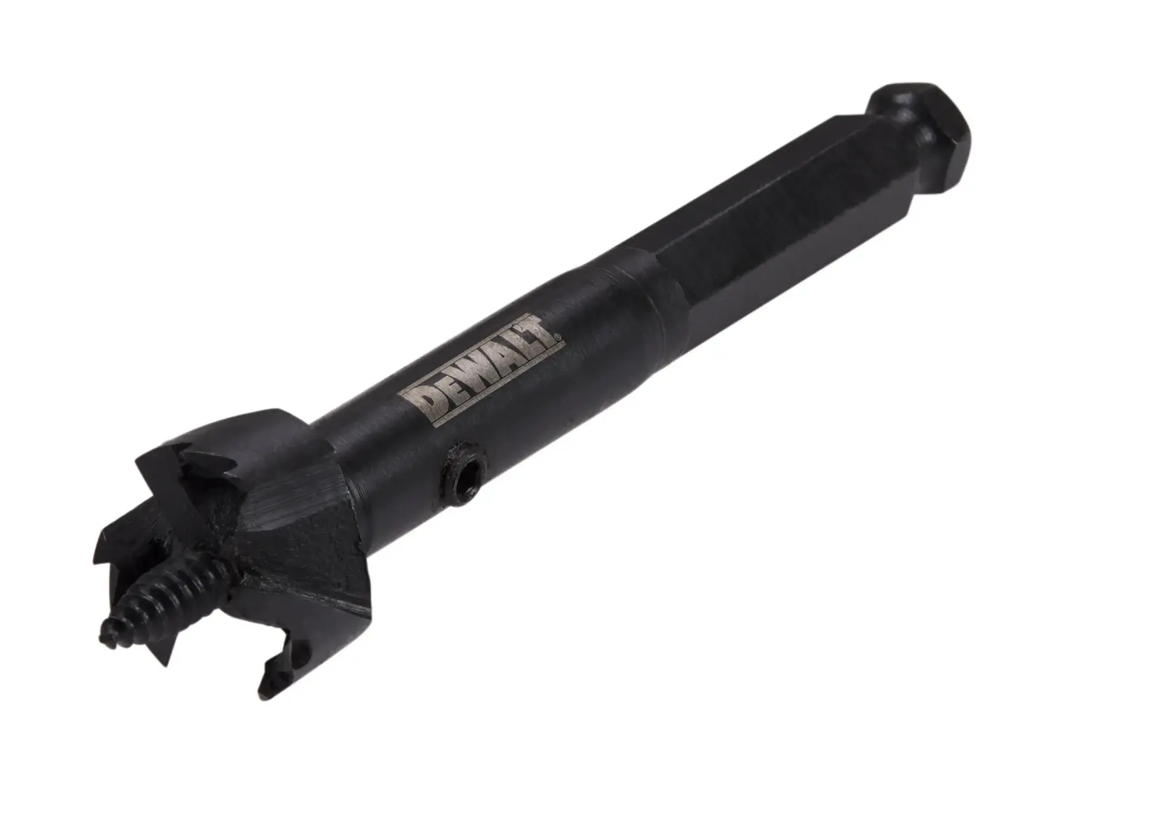 A DEWALT black wood drill bit with a hex shank and threaded tip, designed for precision hole drilling.