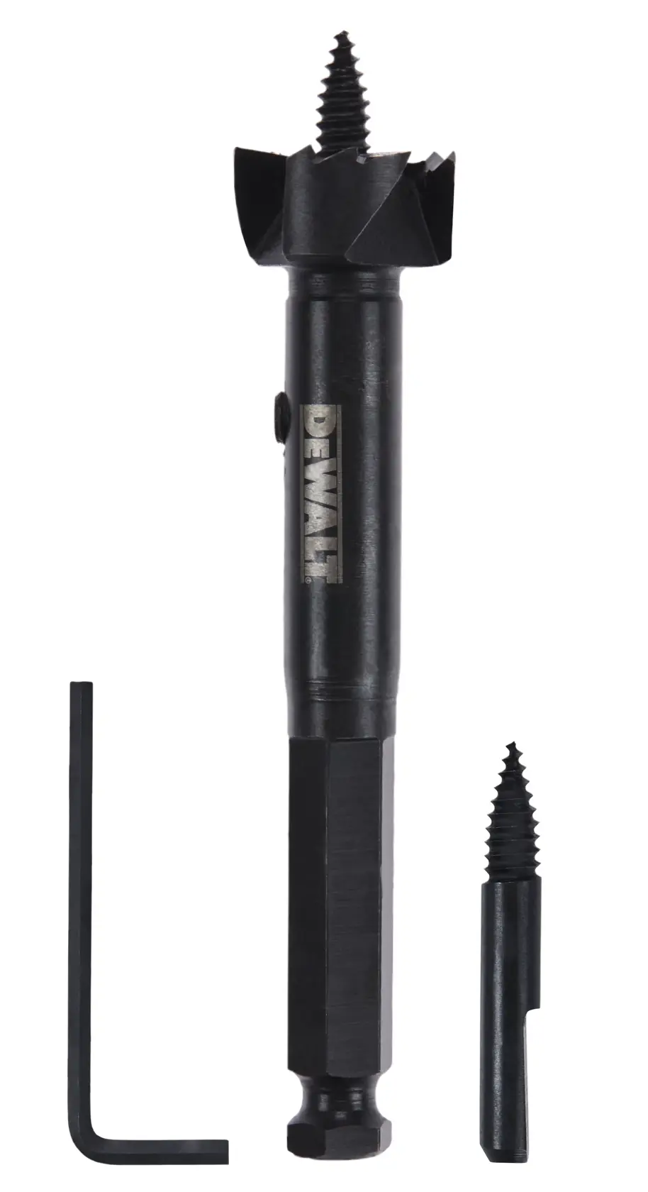 DEWALT DW1630 self-feed wood drilling bit set including one main drill bit with threaded tip, one replacement tip, and one hex key, all placed on a white background.