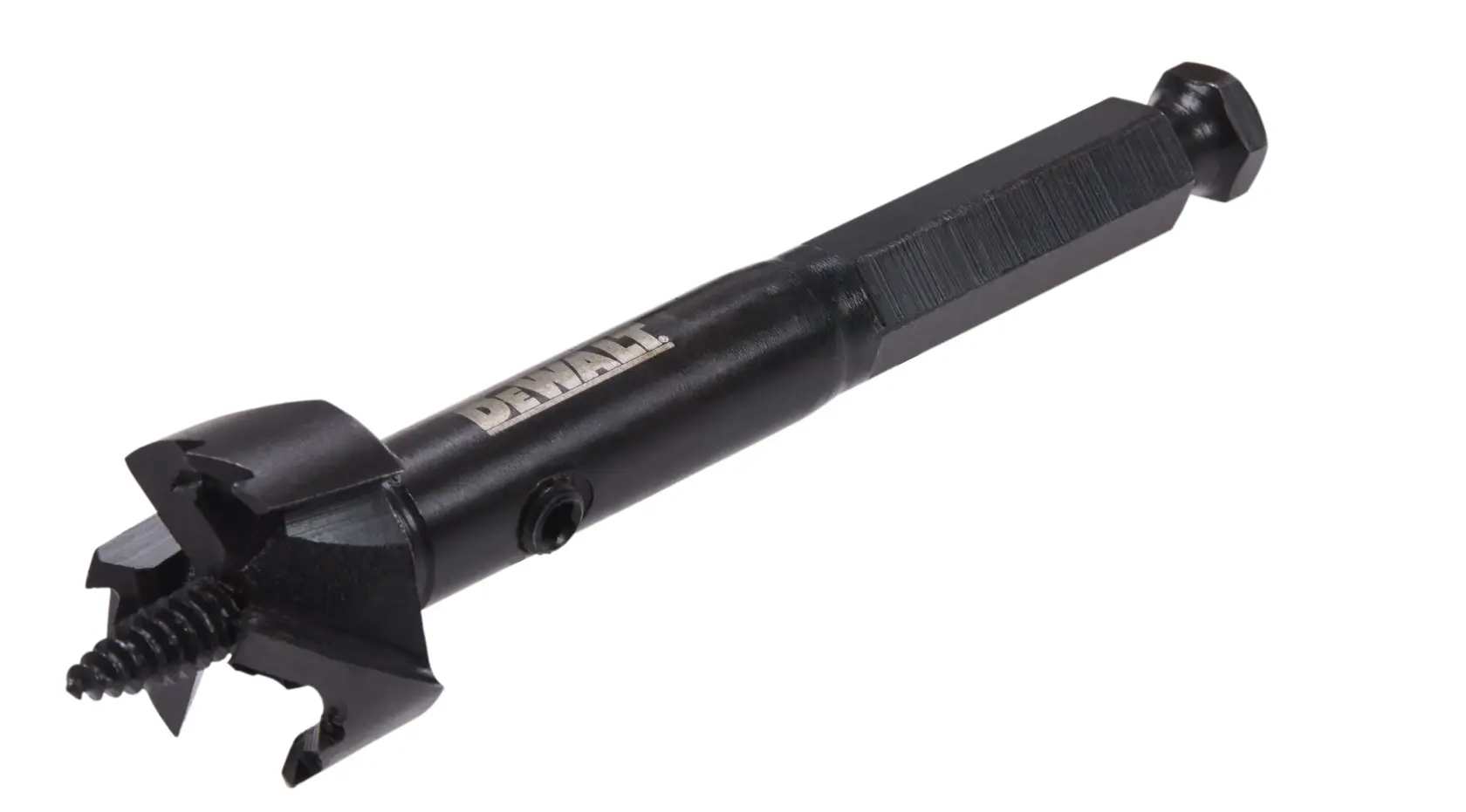 A DEWALT DW1631 self-feed drill bit with a hex shank and threaded tip, designed for drilling large holes in wood.