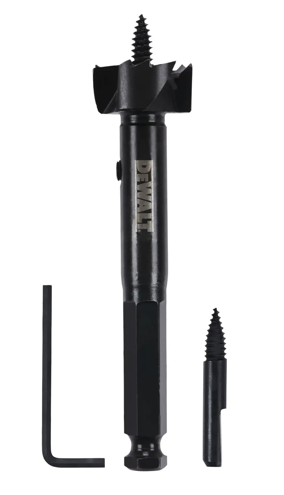 DEWALT drill bit set including a main drill bit with a threaded tip, a hex key, and a replacement threaded tip, all shown on a white background.