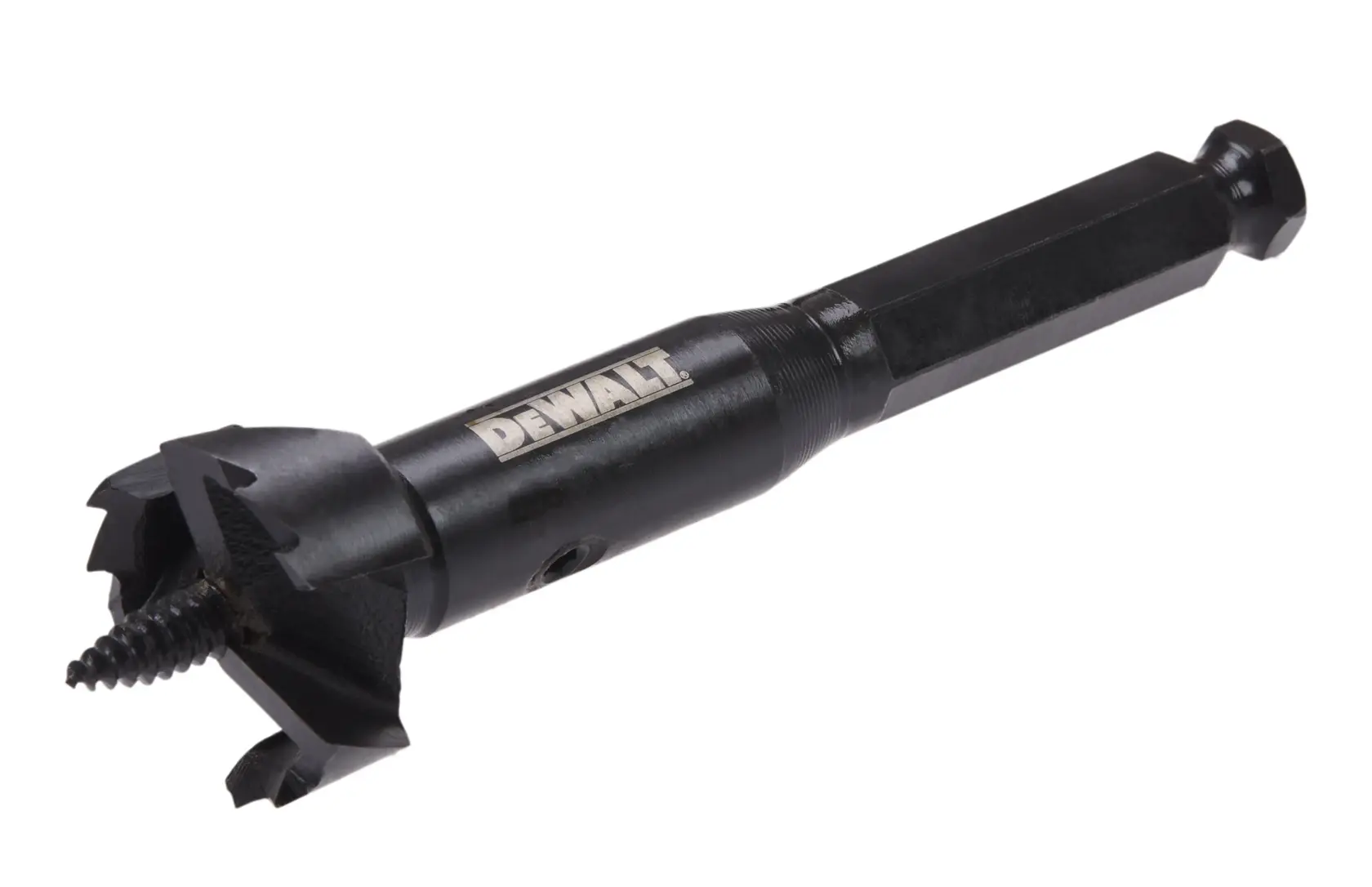 A DEWALT branded black wood boring bit with a hex shank and a screw tip, designed for drilling holes in wood.
