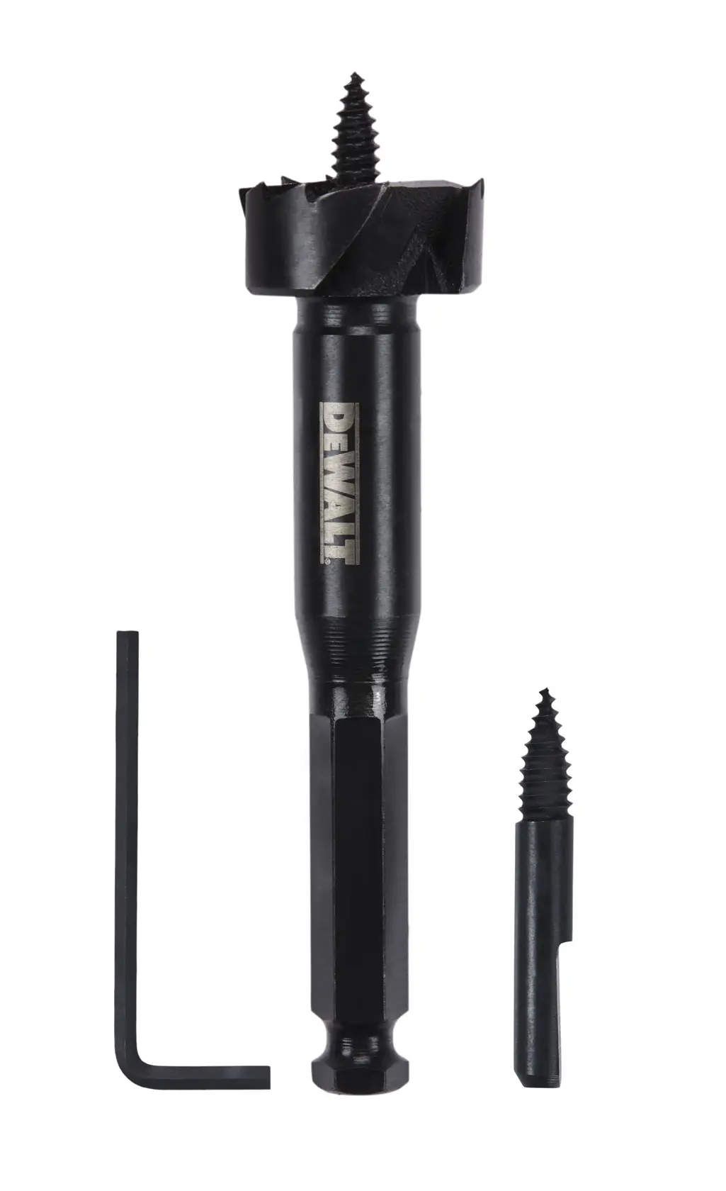 DEWALT DW1632 self-feed drill bit set including a main drill bit with screw point, a replacement screw point, and a hex key, all displayed on a white background.